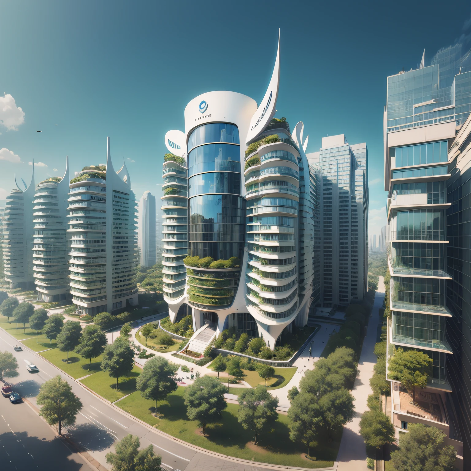Futuristic architecture, arquitetura premiada, skyscraper architectureCity, photographic style, Rendering, Alameda de plane trees, Highly detailed dream building in the architectural styles of Oscar Niemeyer and Ernst Haeckel :: arquiteturacore :: High contrast wide avenue in front full of trees, plane trees