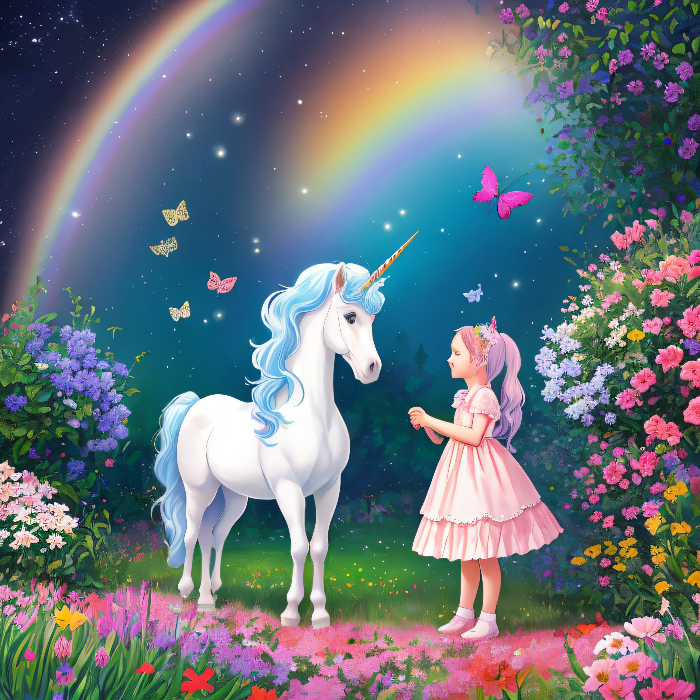 Imagine a magical garden where flowers glow in the dark and butterflies have rainbow wings, obra-prima, melhor qualidade, alta qualidade, Scene of Princess Valentina meeting the Rainbow Unicorn for the first time. A imagem pode mostrar Valentina em um jardim encantado, with the wounded unicorn by his side. They are surrounded by colorful flowers and a magical atmosphere.