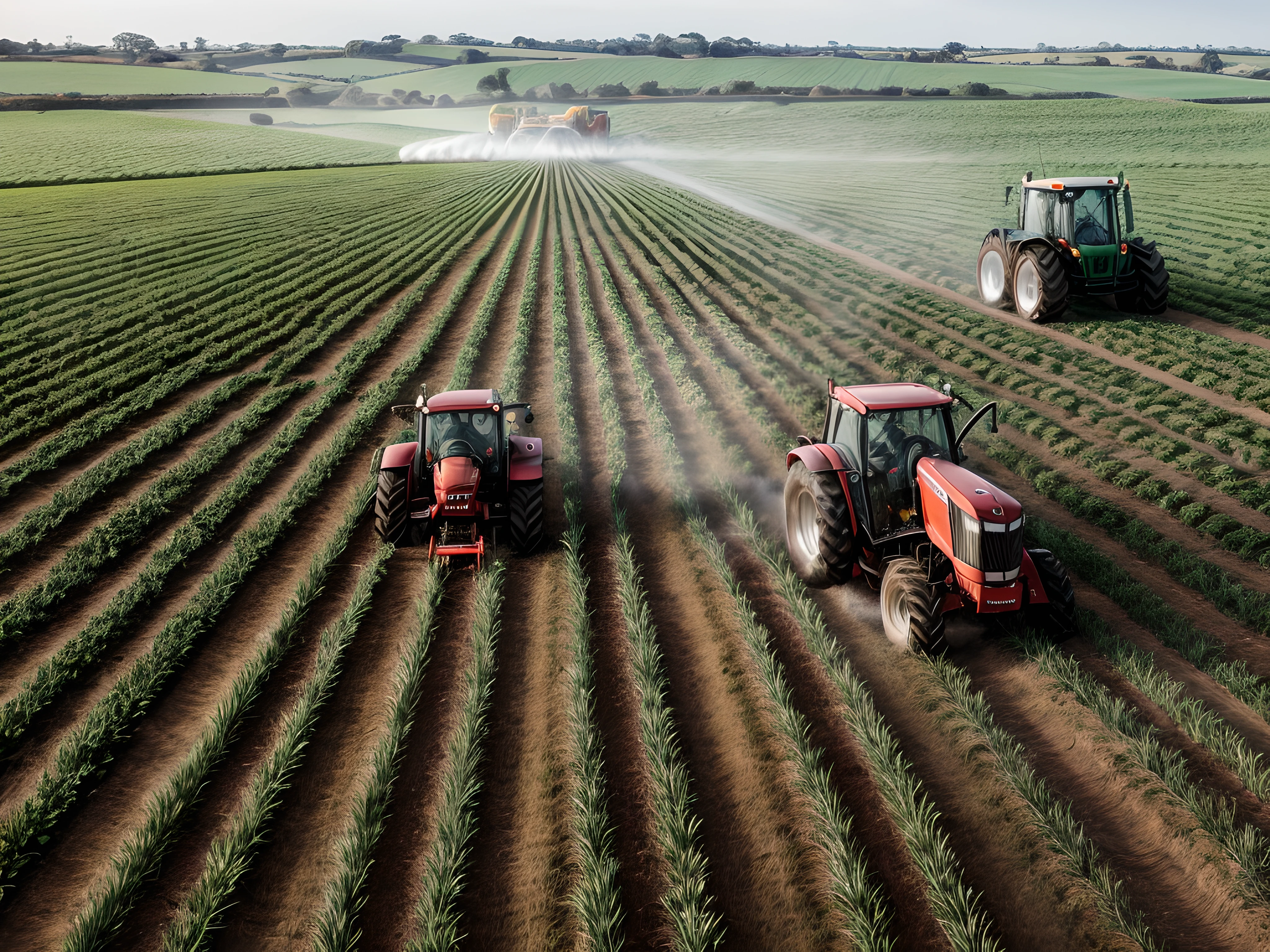 Farm worker driving tractor spraying in green field, luz do por do sol