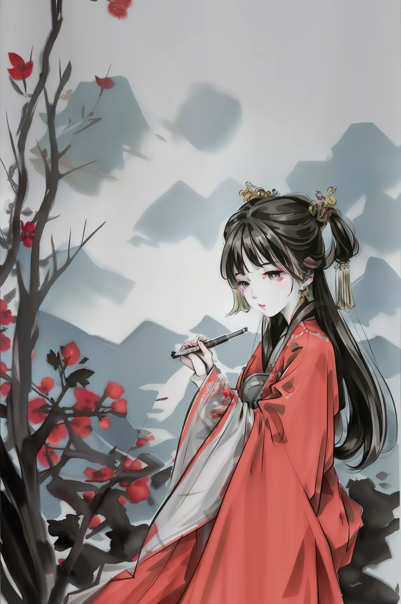 painting of a woman in a red dress holding a cigarette, royal palace , A girl in Hanfu, guviz style artwork, Guwiz, Beautiful character painting, by Yang J, Middle metaverse, Chinese girl, author:Zhou Fang, author:Qu Leilei, author:Leng Mei, author:Li Fangying, 8K))