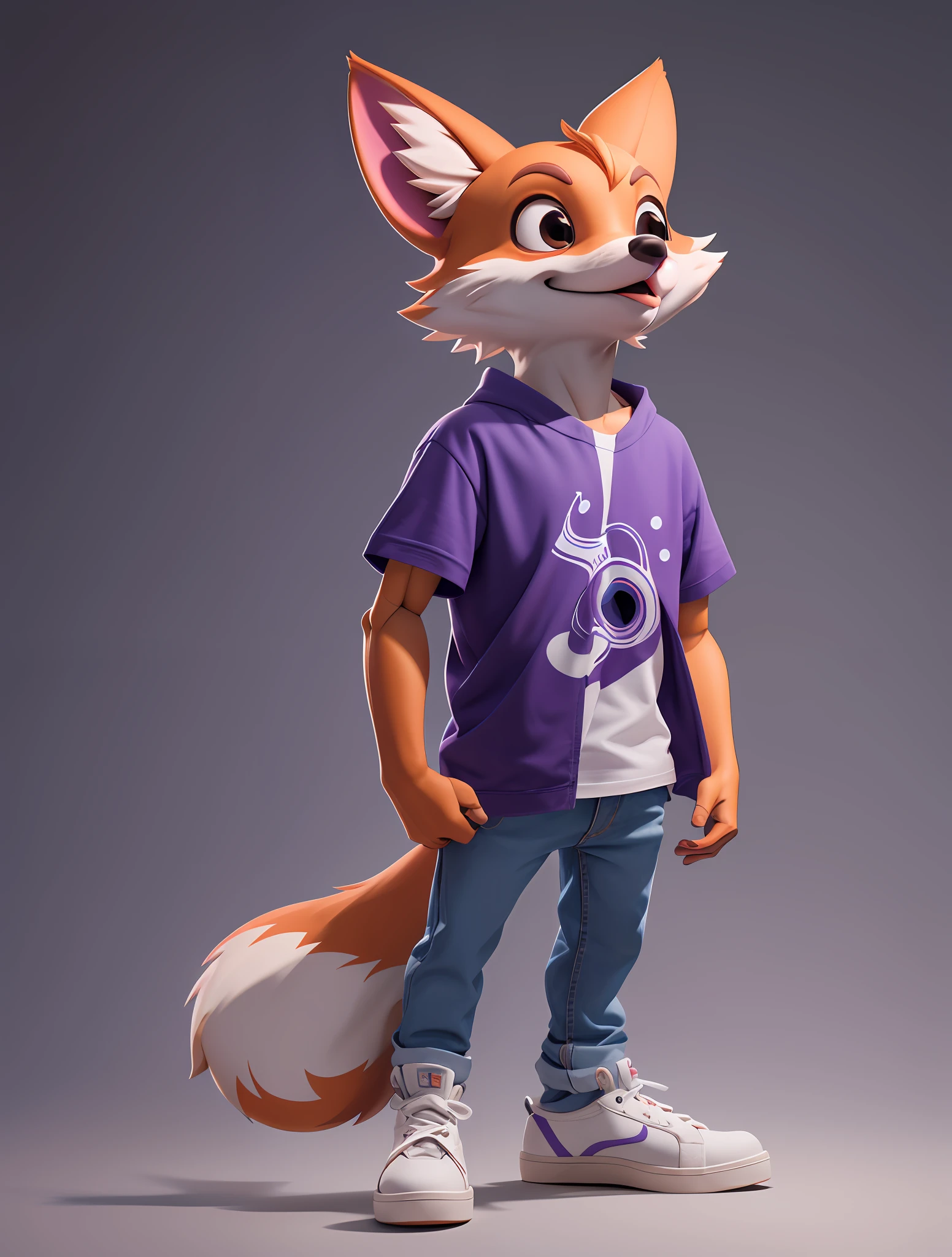 masterpiece, best quality, 3d render, cute humanoid fox, solo, purple tshirt, jeans, sneakers, white flat background