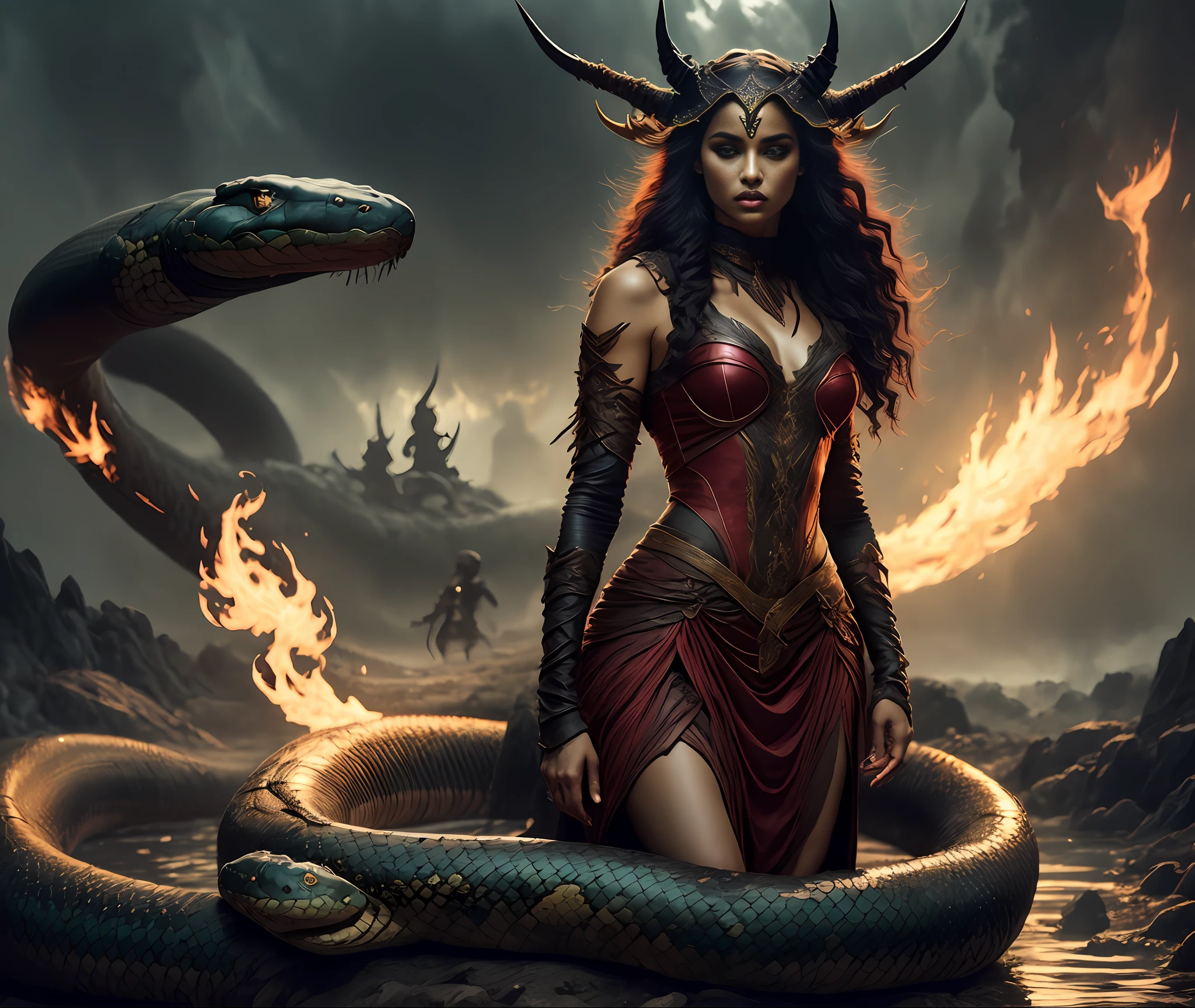 Por favor, crie uma imagem realista de Lilith como uma deusa segurando uma anaconda. Ela deve ter asas pretas, cabelos escuros e olhos pretos. The horns must be symmetrical, brilhantes e destacados, com detalhes vermelhos. Lilith deve estar vestindo um vestido feito com folhas secas. The scenery should be bleak, cinematic and realistic, com luzes de fogo emitindo uma luz vermelha e flamejante