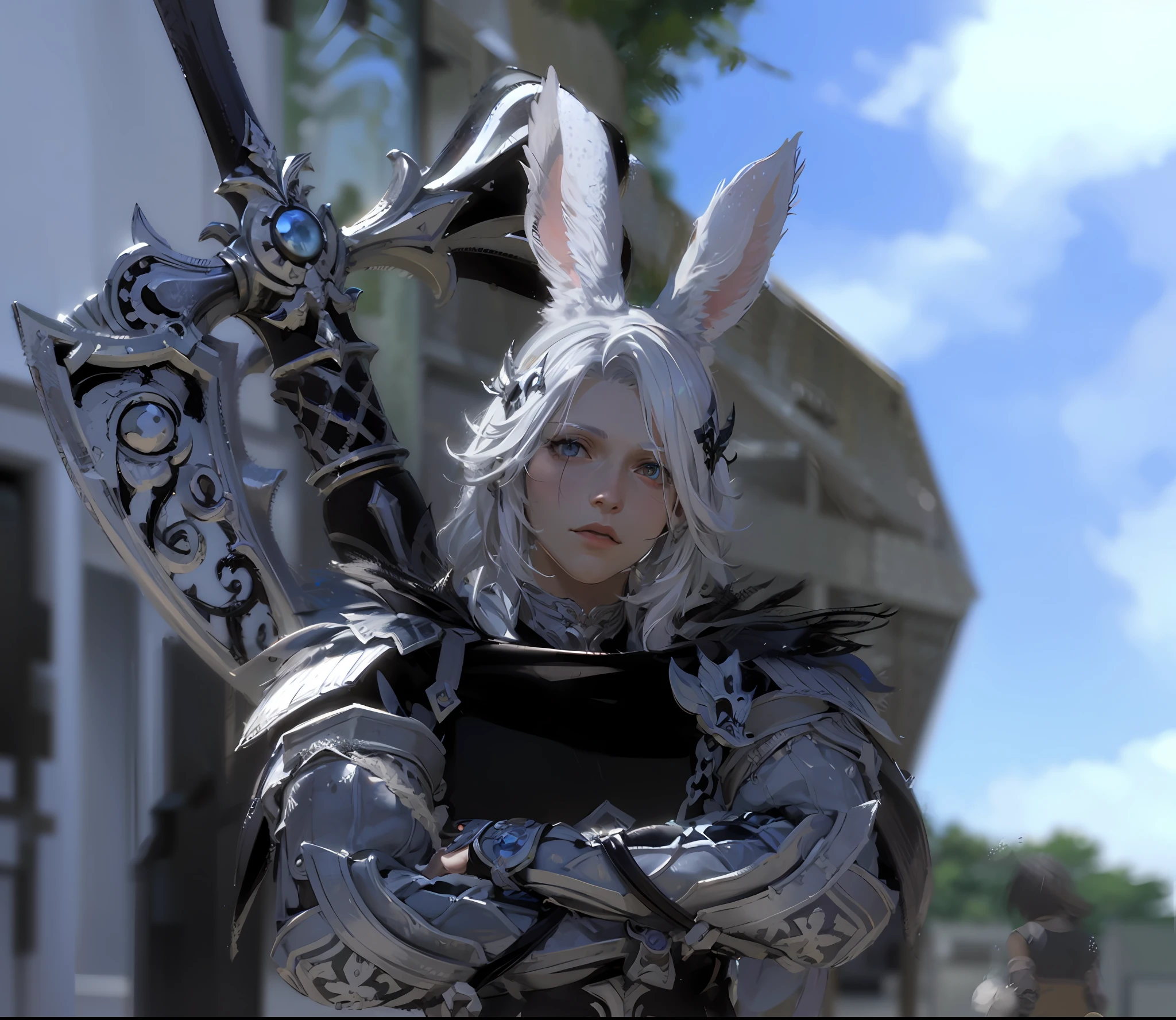 a close up of a screenshot of a male character in a video game, Bunny boy race, Limsa ,Silver and black armour, final fantasy 1 4 screenshot, final fantasy 14 sharp, final fantasy 14 style, tranding on pxiv, final fantasy 1 4, ffxiv heavensward, ffxiv, final fantasy xiv, an epic majestical degen trader, a massive celestial giant god, trending on pxiv, cover ears with hair