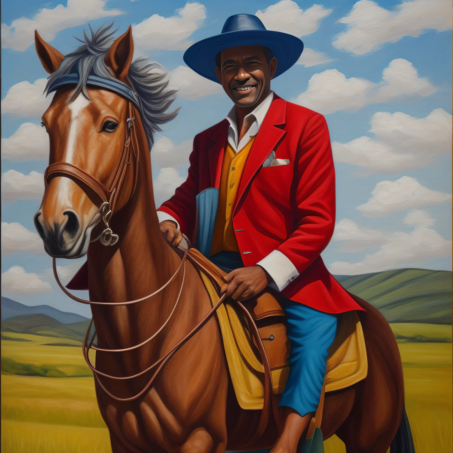 Pinte para mim um homem do campo (Vaqueiro) smiling in a punctured straw hat and patched and torn clothes and smoking a cigarette, This man is on a horse (jumento). Painting not style: "cubismo. Pinte com cores vibrantes e bem definidas, but in a way that one recognizes the character easily, cores em 8K, destacando cada detalhe, revealing the perfection of the character's facial expression.