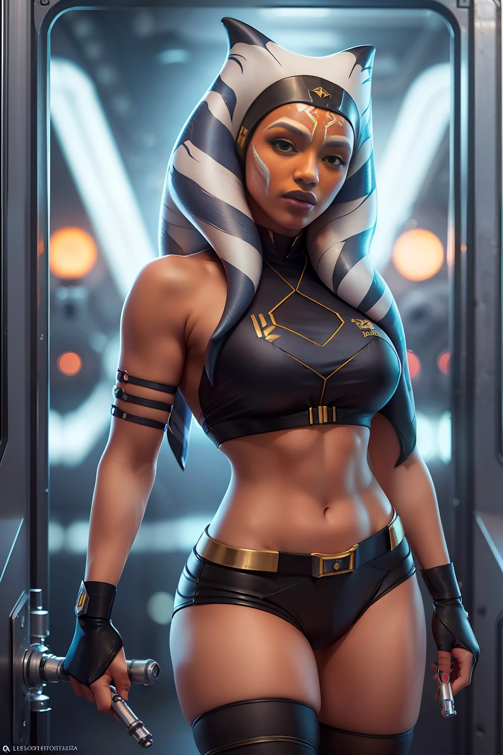 Ahsoka Tano, (fotorrealista, Highresolution: 1.4), ((olhos inchados)), olhando para o espectador, , corpo inteiro (8k, Foto RAW, melhor qualidade, obra-prima: 1.2), (realista, realista: 1.37), (sharp-focus: 1.2), Professional  lighting, photon mapping, radiosidade, physics-based render, (pele laranja: 1.2), (seios pequenos: 1.2), olhando para o espectador, retrato, olhos azuis, (background inside spacecraft: 1.4),  somente, parte superior do corpo, realista, (obra-prima: 1.4), (melhor qualidade: 1.4), (pele brilhante), Serious (magro, boca fechada, focada: 1.3), (standing full-length: 1.1), medium bust, pose de luta,