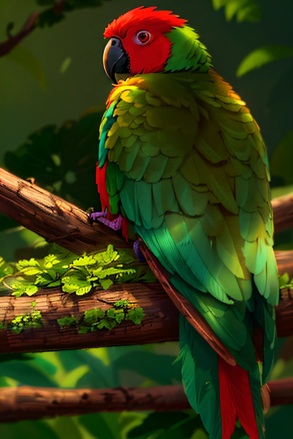 there is a green parrot sitting on a branch with a red head, papagaio, Penas verdes, pele verde com escamas, plumagem colorida, barriga verde fofa, picture taken in zoo, tropical bird feathers, Penas bonitas, taken in zoo, Tiro na Nikon D 3 2 0 0, a foto mostra um grande, close-up shot taken from behind, Papagaios