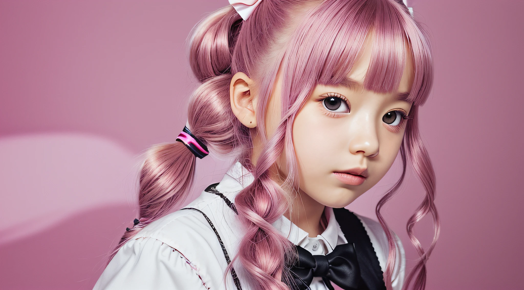 There is a young GIRL , with a pink bow on her head, twintails hairstyle, pigtails hairstyle, two pigtails hairstyle, blonde hair with pigtails, curly bangs and ponytail, Lalisa Manobal, pigtail, wearing pink hair bow, pigtails hair, pigtails, hair in pigtails, kawaii playful pose of a dancer, 'white background'!!!