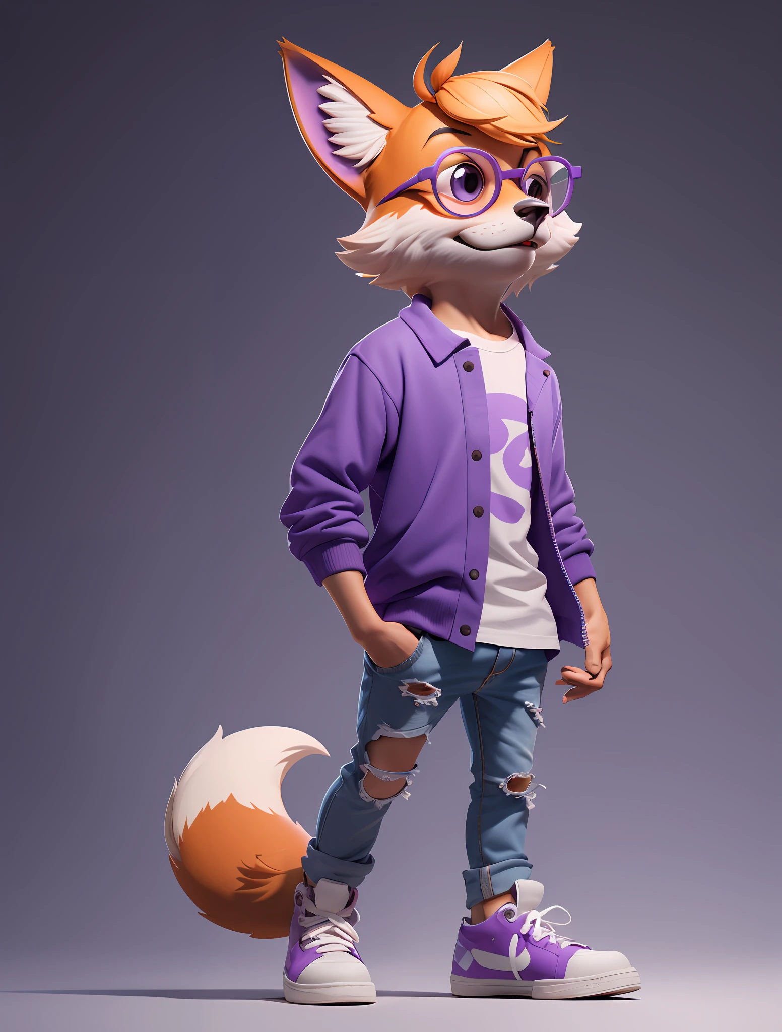 masterpiece, best quality, 3d render, cute humanoid fox, solo, glasses, purple tshirt, jeans, purple sneakers, white flat background
