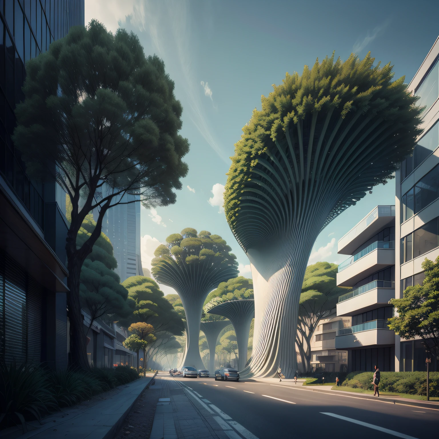 Futuristic architecture, arquitetura premiada, skyscraper architectureCity, photographic style, Rendering, Alameda de plane trees, Highly detailed dream building in the architectural styles of Oscar Niemeyer and Ernst Haeckel :: arquiteturacore :: High contrast wide avenue in front full of trees, plane trees