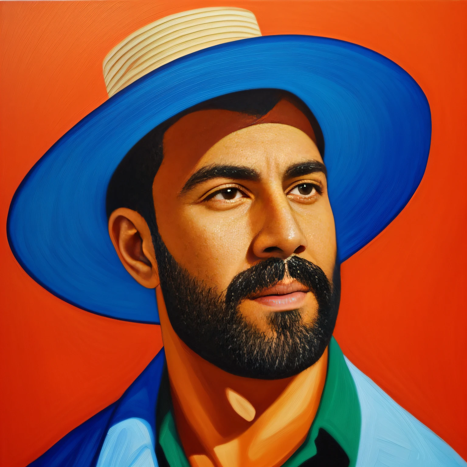 Pinte para mim um homem caipira (Vaqueiro) sorrindo, with hollowed straw hat, roupas remendadas e rasgadas, montado num burro (jumento), fumando cachimbo. Painting not style: "cubismo. Pinte com cores vibrantes e bem definidas, but in a way that one recognizes the character easily, cores em 8K, destacando cada detalhe, revealing the perfection of the character's facial expression. Barba por fazer, pierced hat, sorrindo.