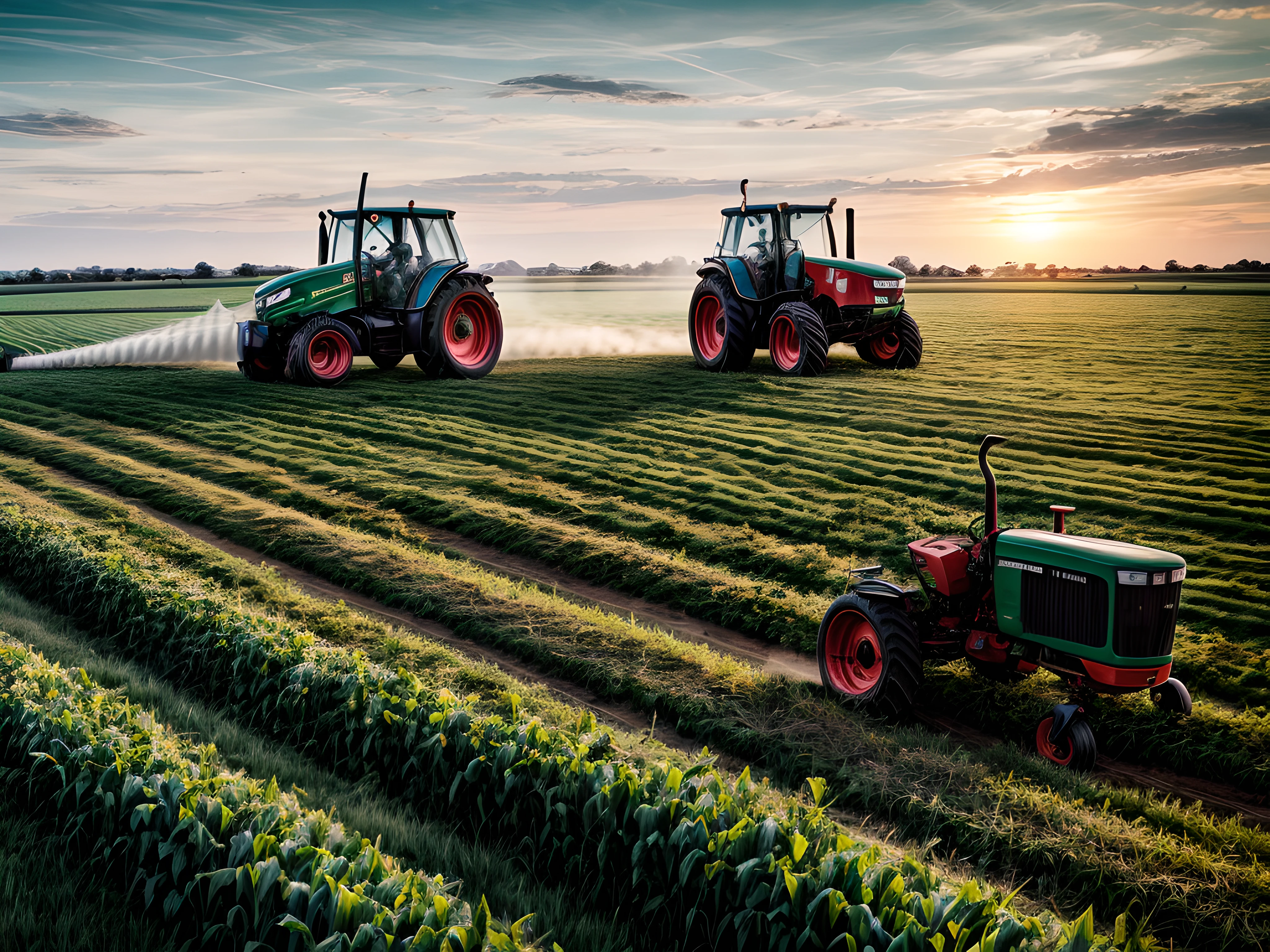 Farm worker driving tractor spraying in green field, luz do por do sol