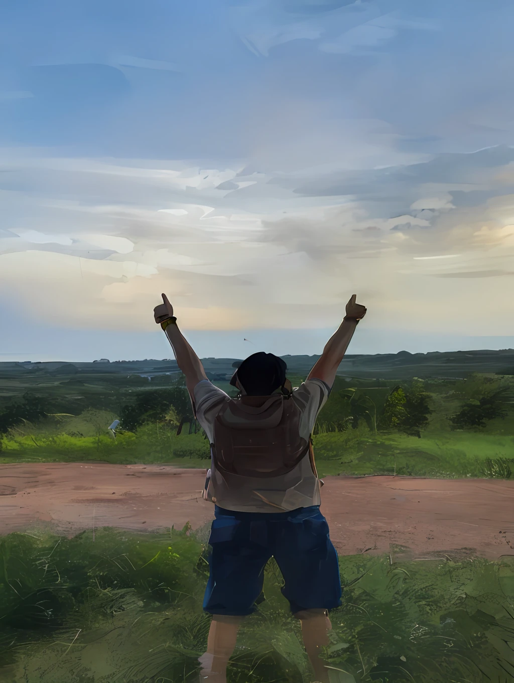 there is a man standing in the grass with his arms raised, vitorioso em um morro, t pose, no topo de uma colina, no topo de uma colina, his arms spread. pronto para voar, pointing to heaven, t - pose, t-pose, fazendo uma pose majestosa, background is celestial, Pose satisfeita, with sunset, with arms up