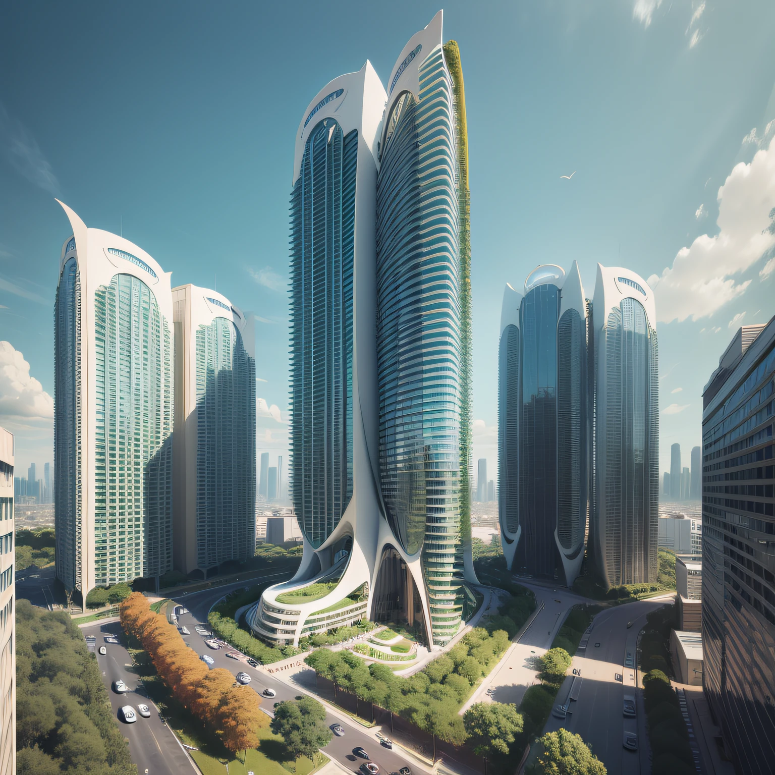 Futuristic architecture, arquitetura premiada, skyscraper architectureCity, photographic style, Rendering, Alameda de plane trees, Highly detailed dream building in the architectural styles of Oscar Niemeyer and Ernst Haeckel :: arquiteturacore :: High contrast wide avenue in front full of trees, plane trees