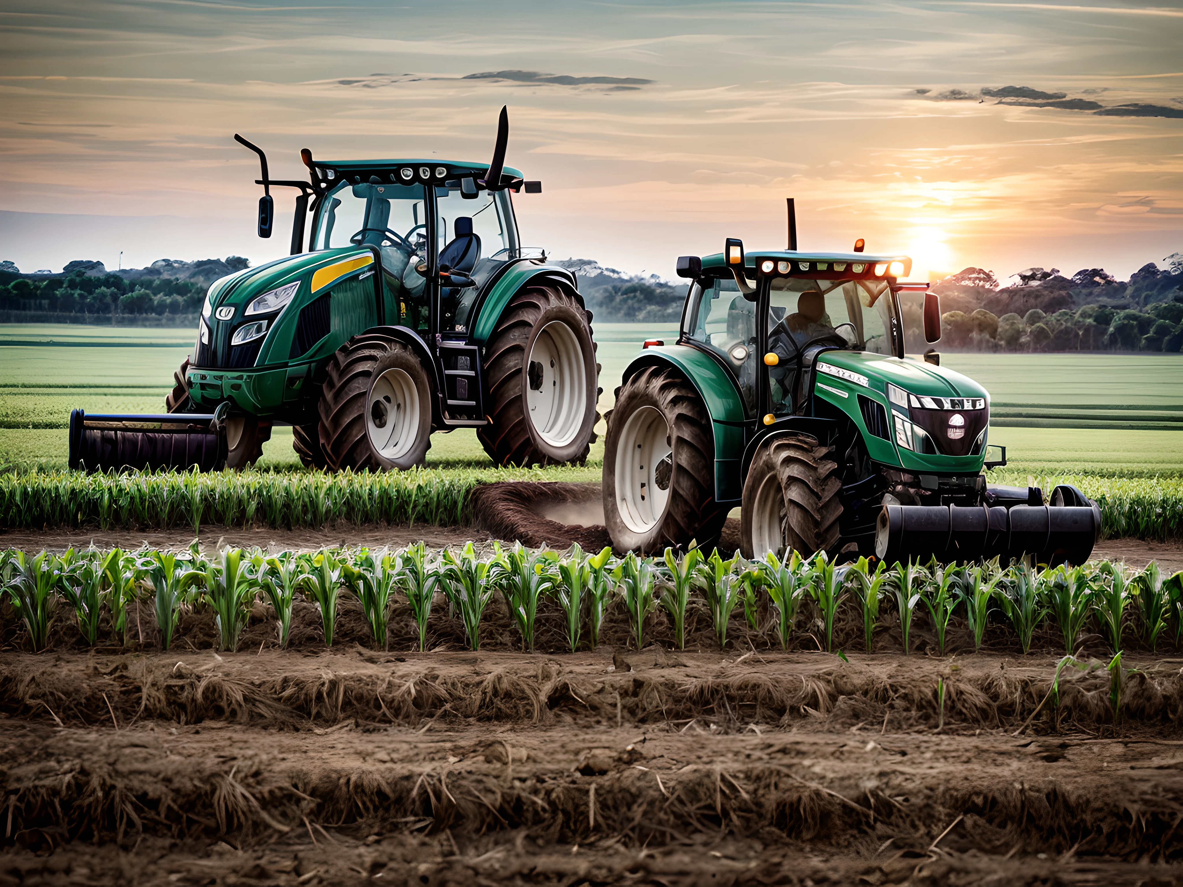 Agricultural worker driving tractor harvesting corn in green field, luz do por do sol, retroiluminação, cinemac lighting, alta qualidade, detalhes elevados, melhor qualidade, with an undeformed face, cinemac lighting, profundidade de campo, bokeh, realismo, fotorrealista, hiper-realismo, fotografia profissional