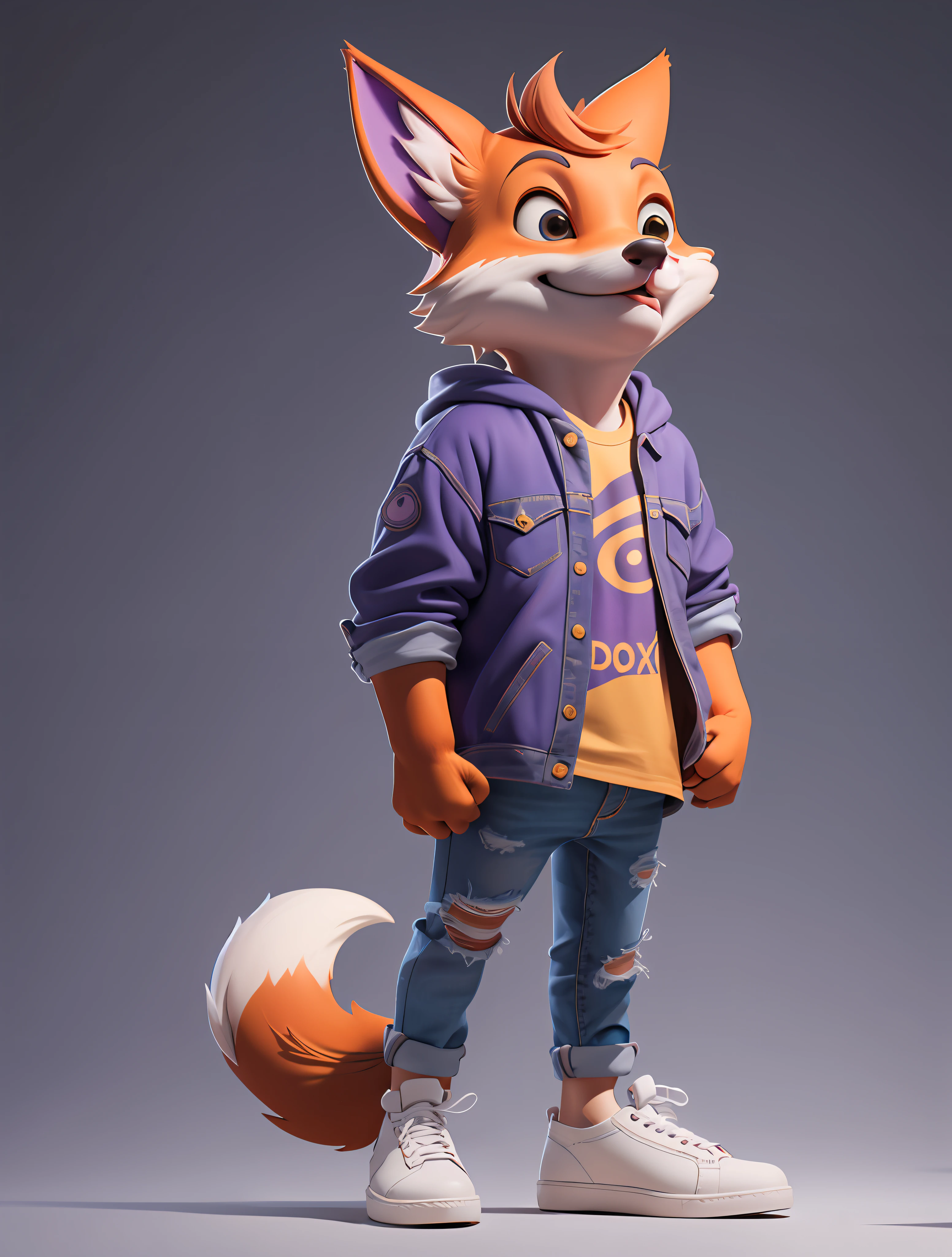 masterpiece, best quality, 3d render, cute humanoid fox, solo, purple tshirt, jeans, sneakers, white flat background