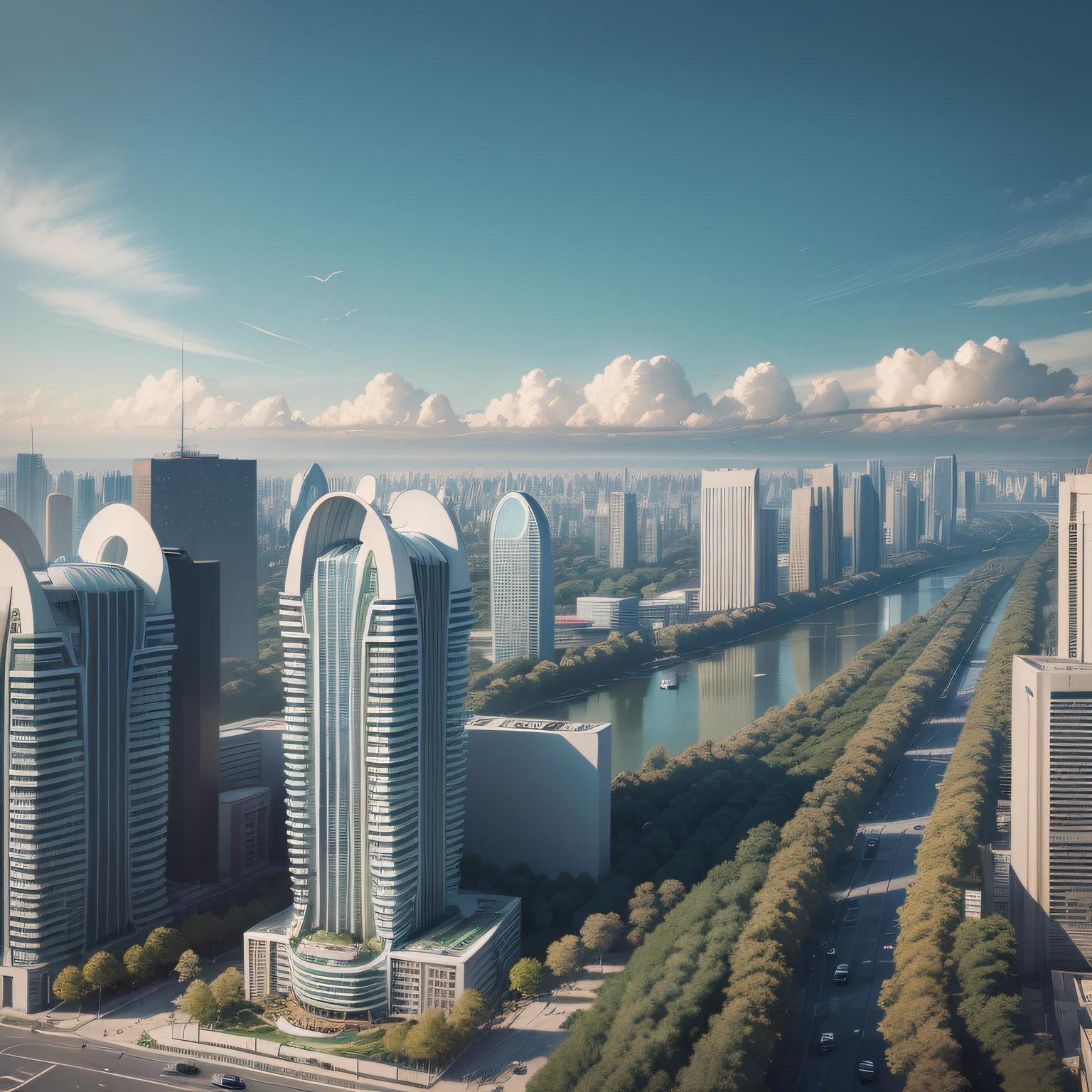 Futuristic architecture, arquitetura premiada, skyscraper architectureCity, photographic style, Rendering, Alameda de plane trees, Highly detailed dream building in the architectural styles of Oscar Niemeyer and Ernst Haeckel :: arquiteturacore :: High contrast wide avenue in front full of trees, plane trees