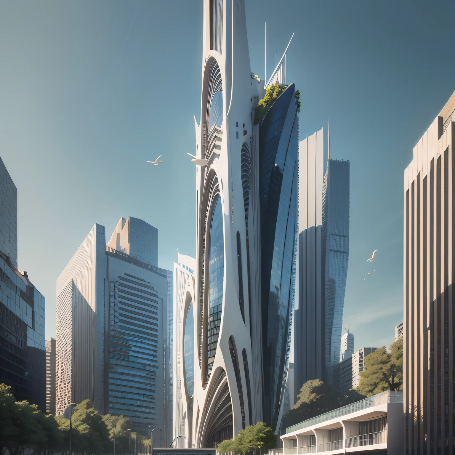 Futuristic architecture, arquitetura premiada, skyscraper architectureCity, photographic style, Rendering, Alameda de plane trees, Highly detailed dream building in the architectural styles of Oscar Niemeyer and Ernst Haeckel :: arquiteturacore :: High contrast wide avenue in front full of trees, plane trees