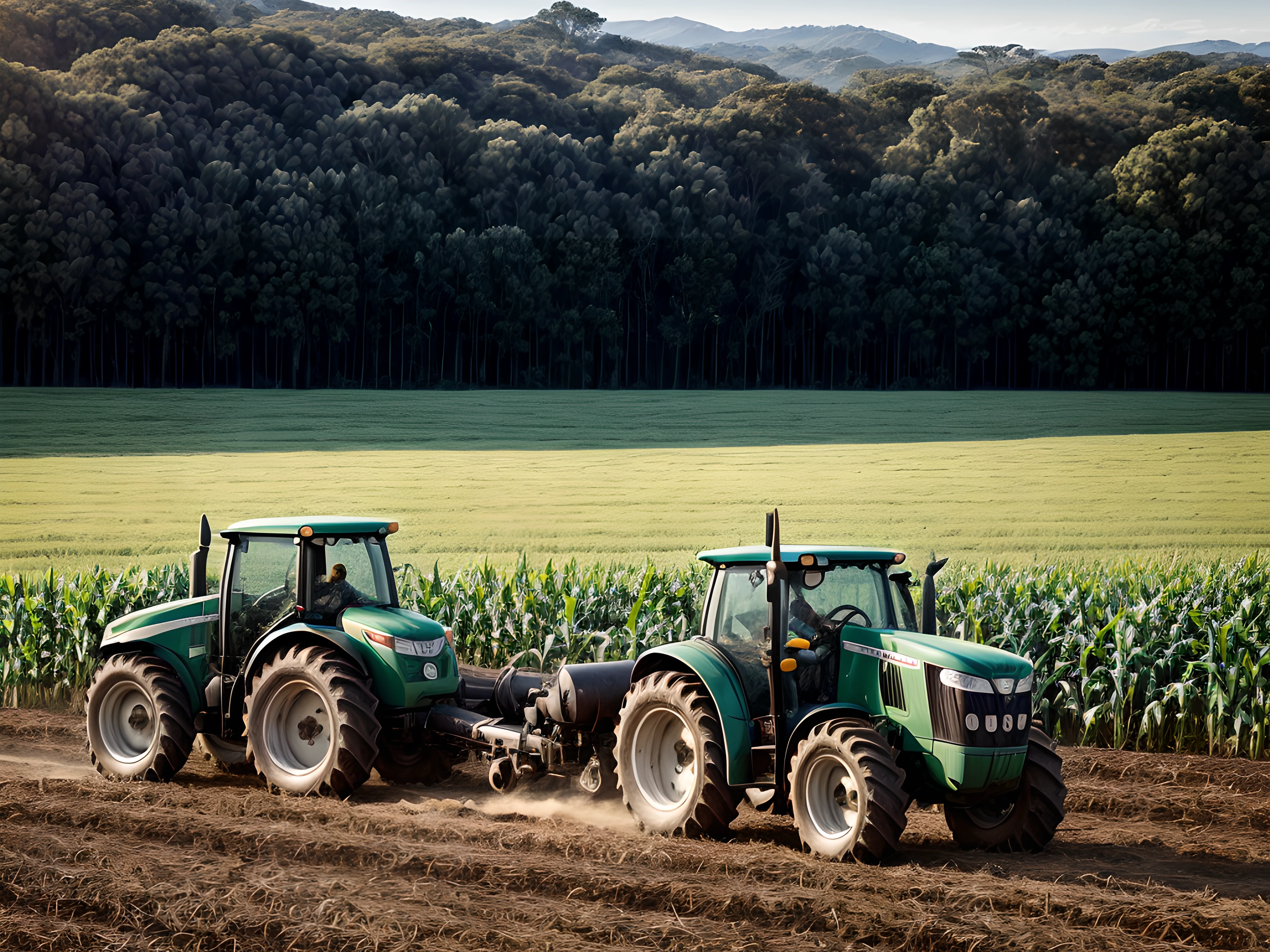 Agricultural worker driving tractor harvesting corn in green field, luz do por do sol, retroiluminação, cinemac lighting, alta qualidade, detalhes elevados, melhor qualidade, with an undeformed face, cinemac lighting, profundidade de campo, bokeh, realismo, fotorrealista, hiper-realismo, fotografia profissional