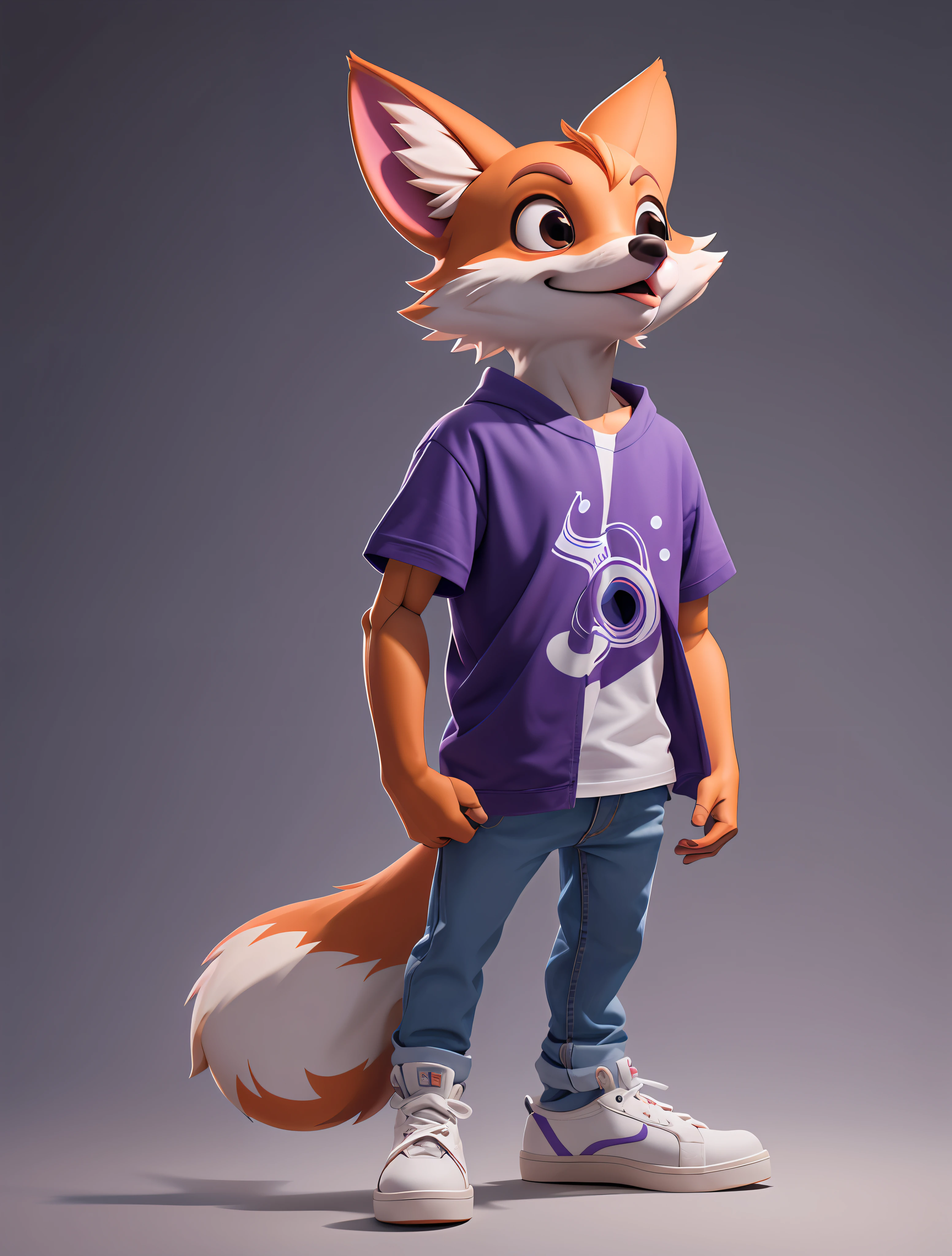 masterpiece, best quality, 3d render, cute humanoid fox, solo, purple tshirt, jeans, sneakers, white flat background