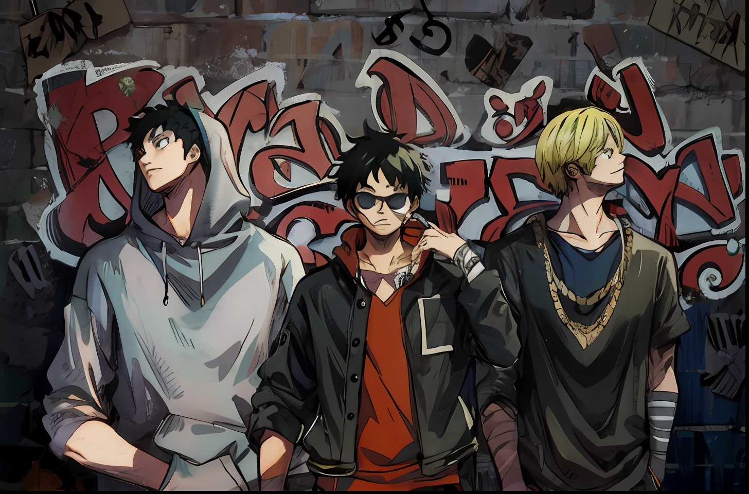 3 young people standing next to each other (Zoro, Luffy, Sanji) enfrente de uma parede de grafite hiphop, por Shingei, desenhado em um estilo neo - noir, Estilo Persona 5, Neo - Estilo Preto, Chega de Heroes Concept Art, kentaro miura manga art style, por Ei-Q, inspirado em Sadamichi Hirasawa, Fanart de alta qualidade, Neo Estilo Preto, Persona 5 Estilo de Arte