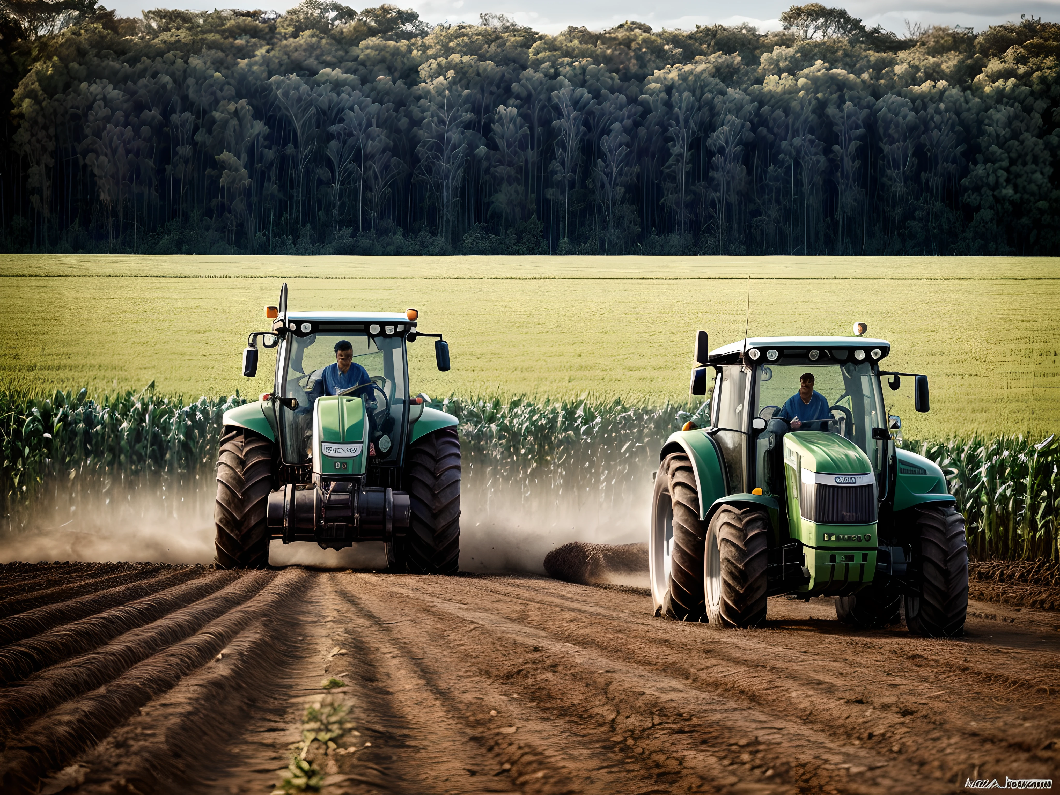 Agricultural worker driving tractor harvesting corn in green field, luz do por do sol, retroiluminação, cinemac lighting, alta qualidade, detalhes elevados, melhor qualidade, with an undeformed face, cinemac lighting, profundidade de campo, bokeh, realismo, fotorrealista, hiper-realismo, fotografia profissional