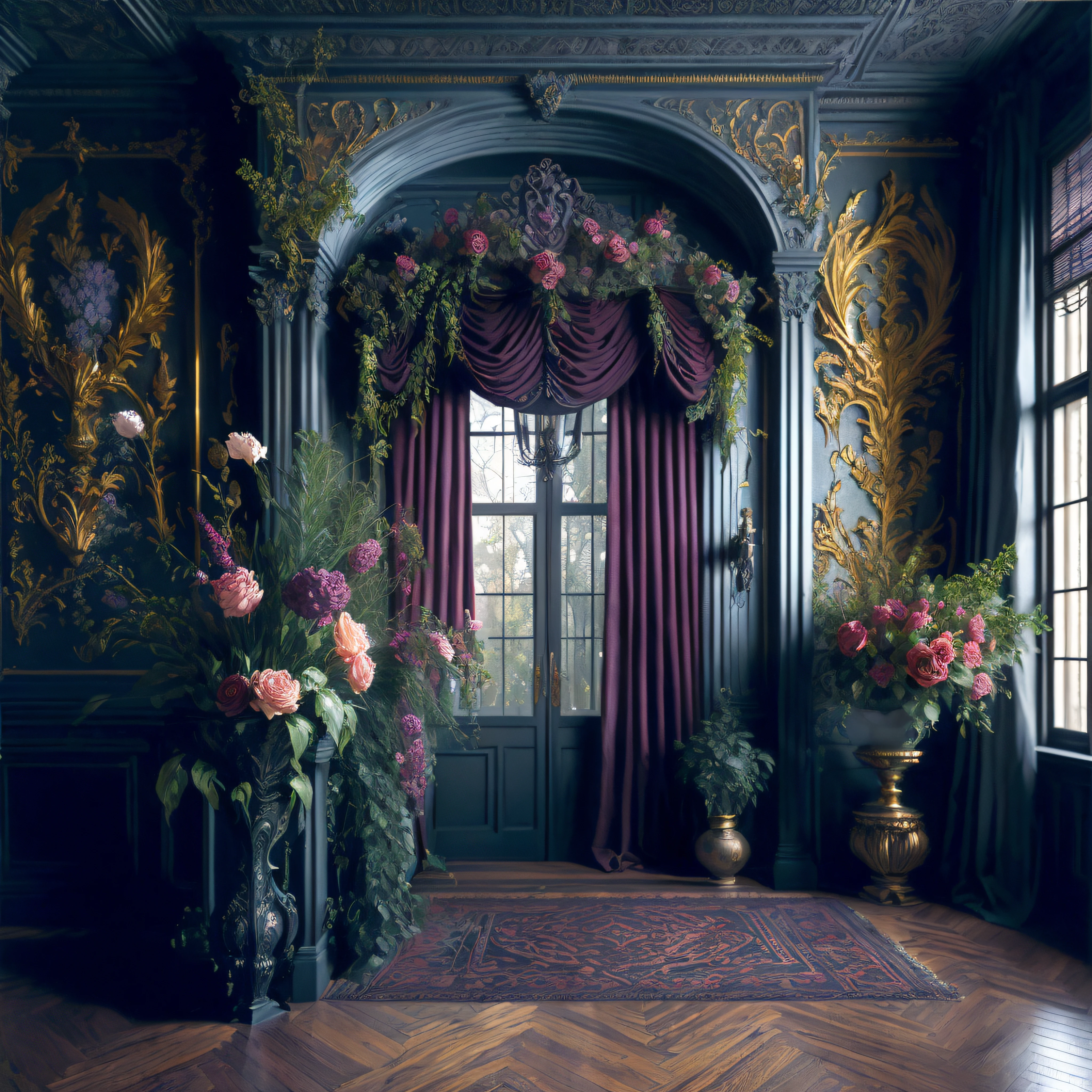 there are many vases of flowers in the room with a large window, gothic mansion room, baroque style painting backdrop, stunning arcanum backdrop, baroque environment, baroque interior, baroque color scheme, draped in velvet and flowers, mystical baroque, baroque aesthetics, room of a dark mansion, art nouveau octane render, gothic and baroque, dark majestic ornate great hall