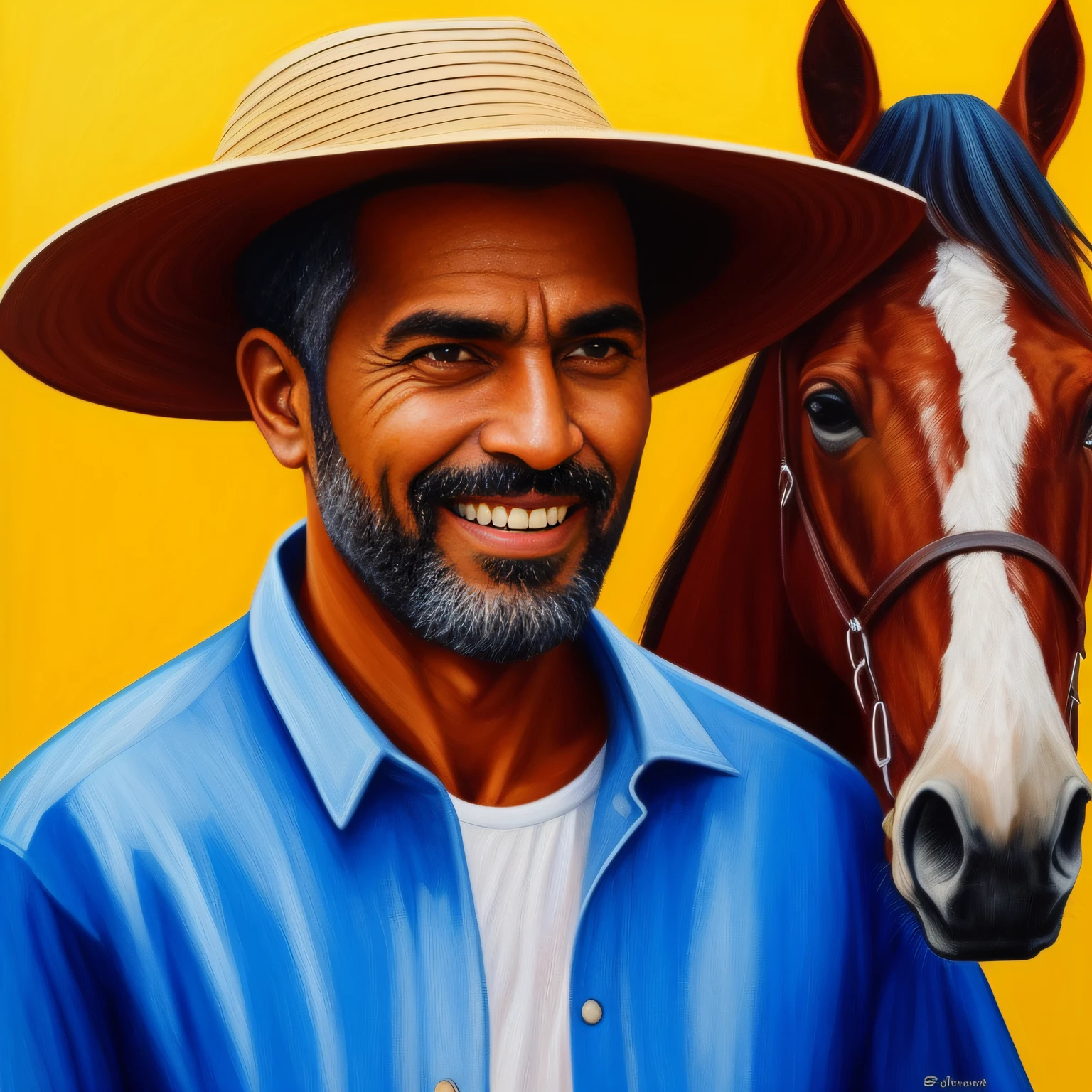Pinte para mim um homem do campo (Vaqueiro) smiling in a punctured straw hat and patched and torn clothes and smoking a cigarette, This man is on a horse (jumento). Painting not style: "cubismo. Pinte com cores vibrantes e bem definidas, but in a way that one recognizes the character easily, cores em 8K, destacando cada detalhe, revealing the perfection of the character's facial expression.