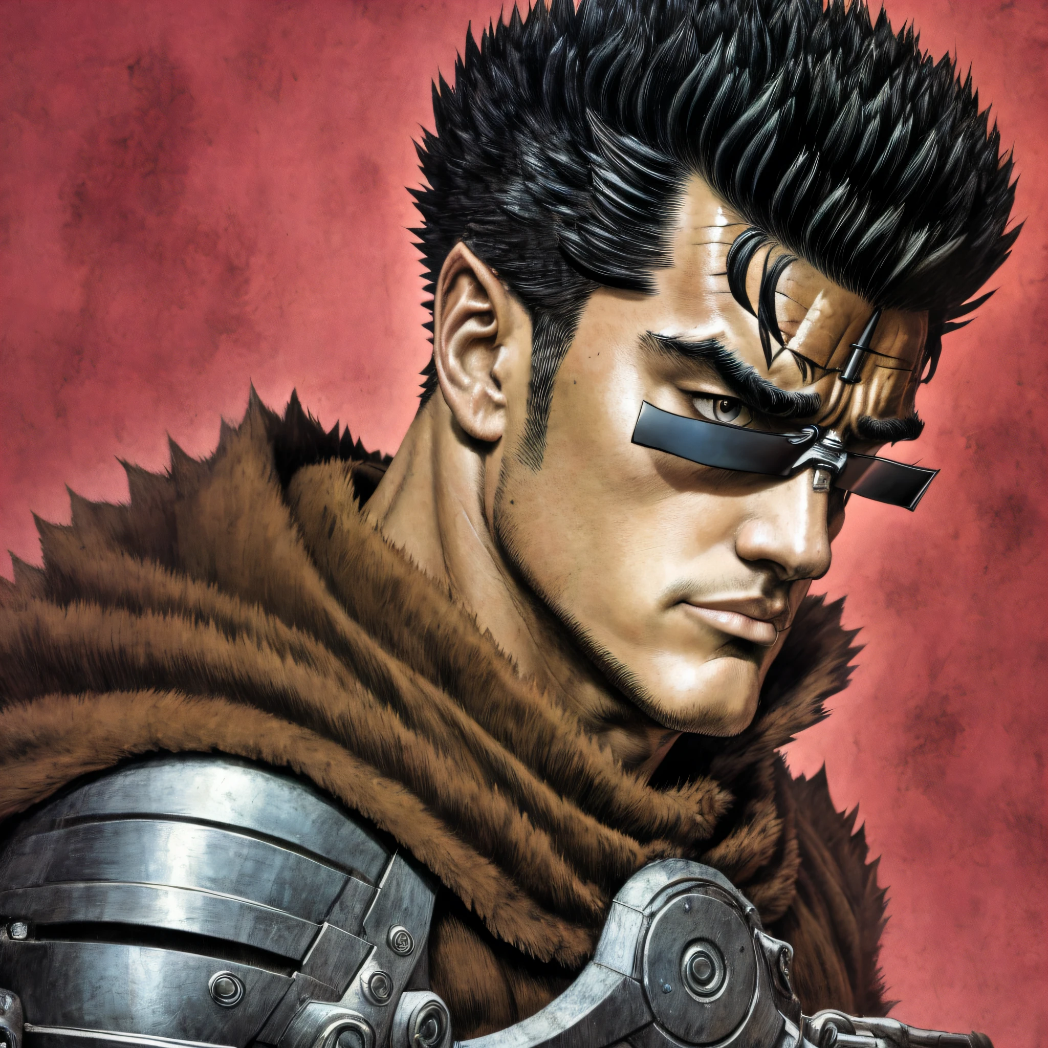 retrato de \(guts de berserk\), Obra maestra, La mejor calidad, One Boy, cabello negro, pelo corto, musculatura, Cicatrices, Ver visor, Capa negra, Gran espada, Cojinete, Fondo simple, fondo rojo, (primer plano:1.1), (Medios tradicionales), Armadura de hombro,berserk