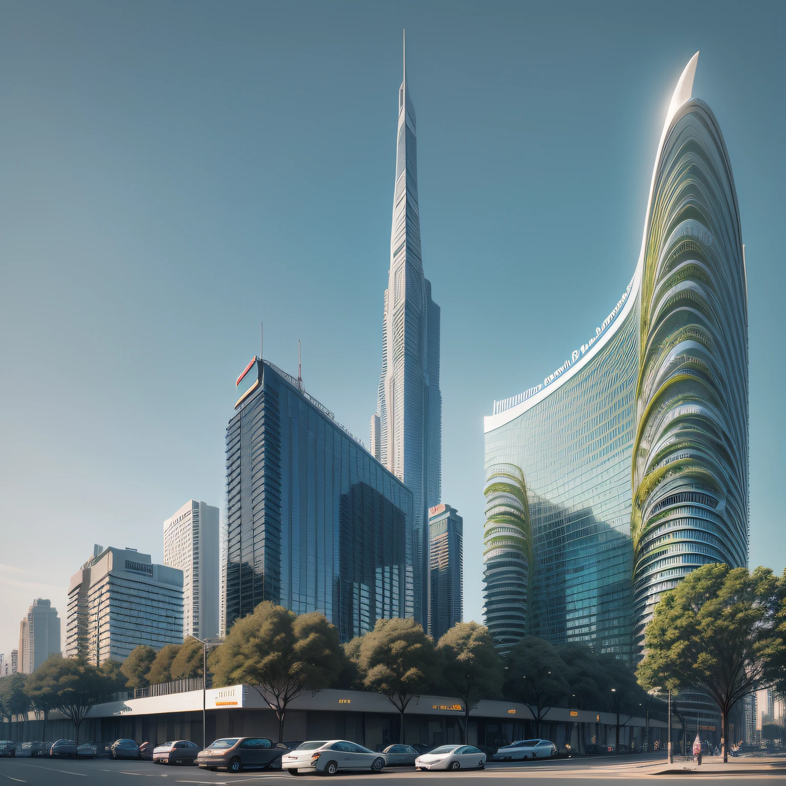 Futuristic architecture, arquitetura premiada, skyscraper architectureCity, photographic style, Rendering, Alameda de plane trees, Highly detailed dream building in the architectural styles of Oscar Niemeyer and Ernst Haeckel :: arquiteturacore :: High contrast wide avenue in front full of trees, plane trees