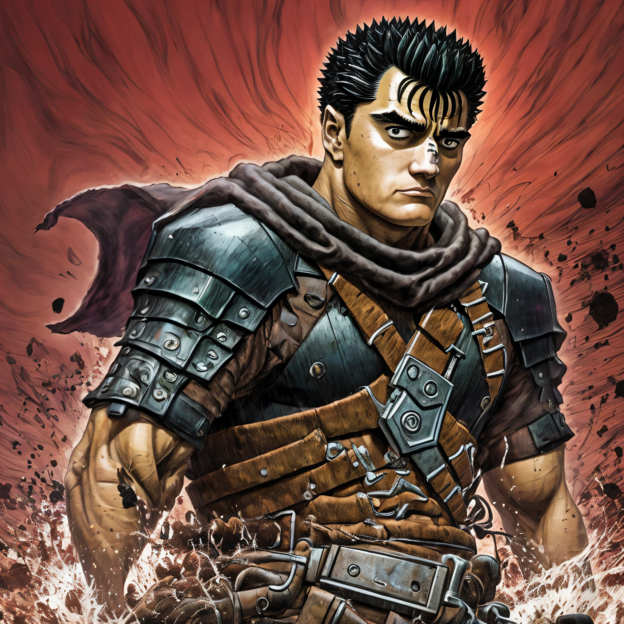 retrato de \(guts de berserk\), Obra maestra, La mejor calidad, One Boy, cabello negro, pelo corto, musculatura, Cicatrices, Ver visor, Capa negra, Gran espada, Cojinete, Fondo simple, fondo rojo, (primer plano:1.1), (Medios tradicionales), Armadura de hombro,berserk