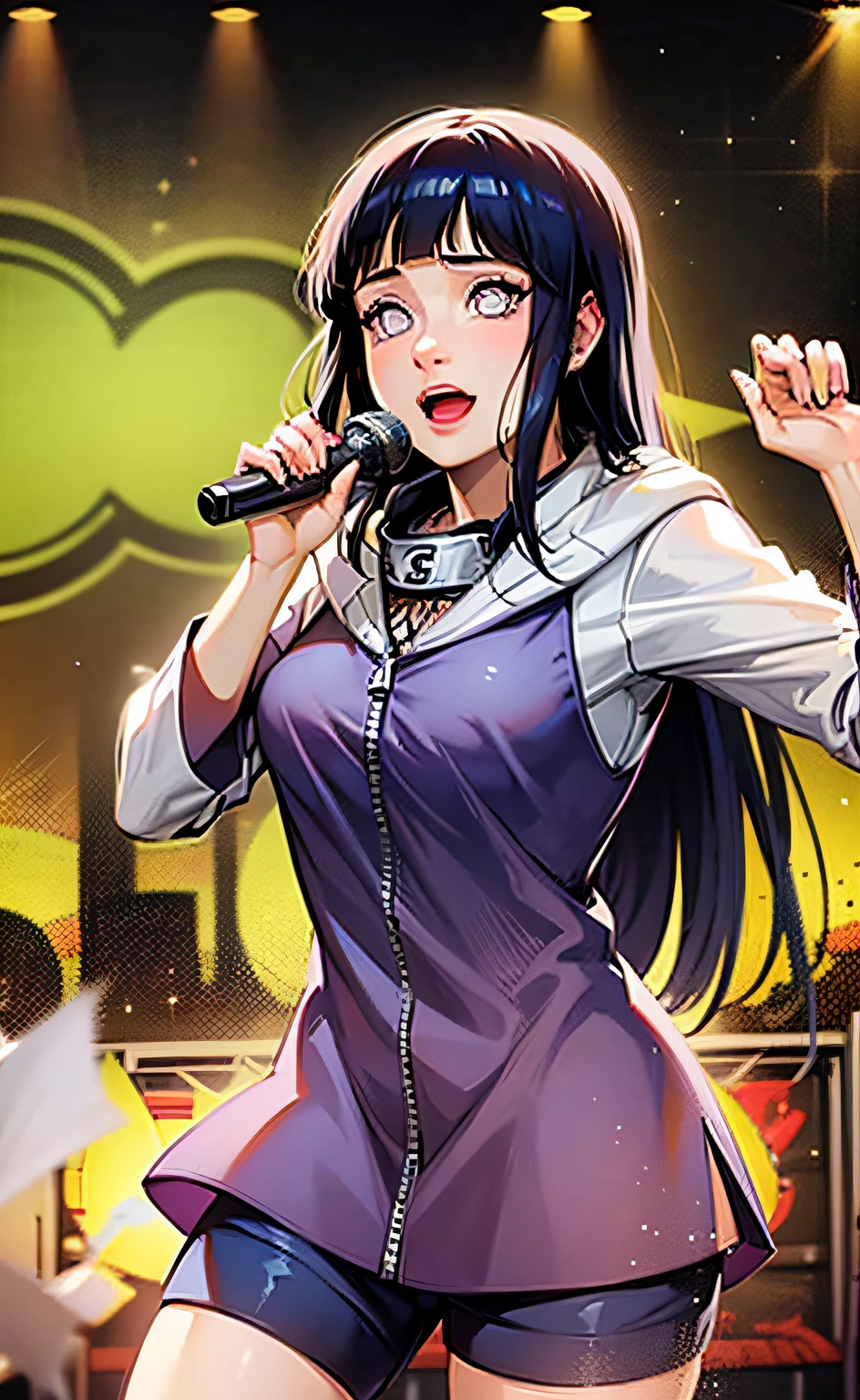 Hinata singing with a microphone in her hand on top of a stage, luzes, efeitos de luzes