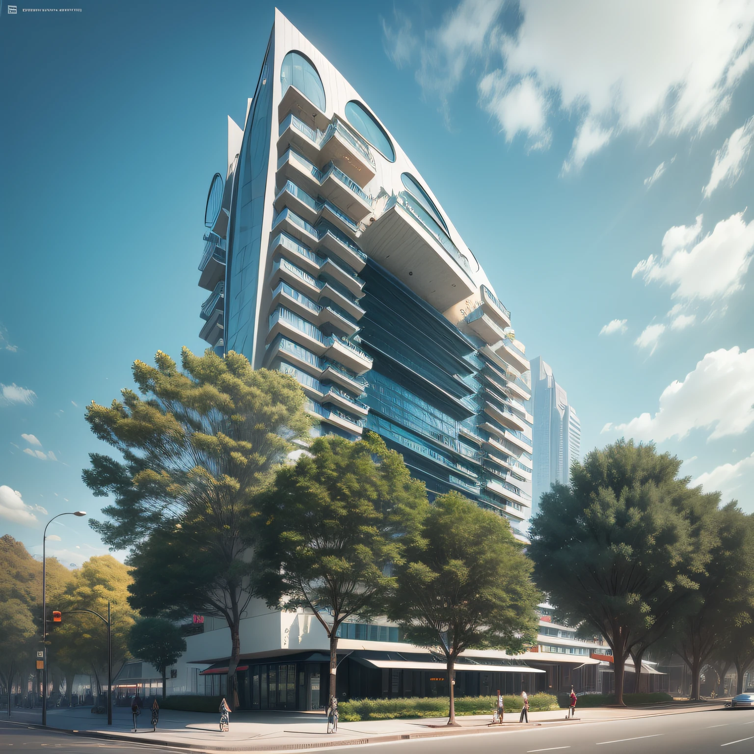 Futuristic architecture, arquitetura premiada, skyscraper architectureCity, photographic style, Rendering, Alameda de plane trees, Highly detailed dream building in the architectural styles of Oscar Niemeyer and Ernst Haeckel :: arquiteturacore :: High contrast wide avenue in front full of trees, plane trees