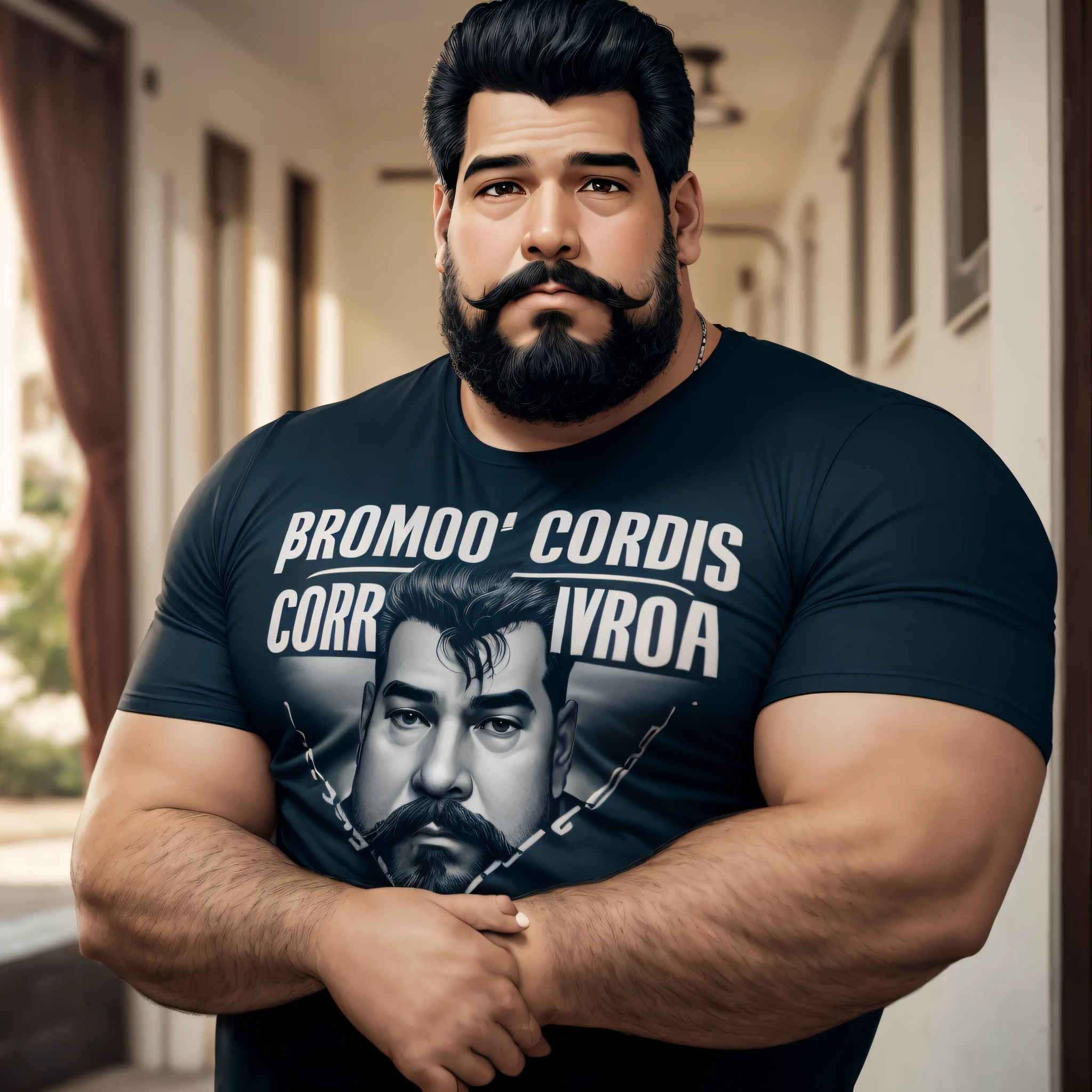 Retrato realista, obra prima, camiseta regata branca, detalhado, 1 homem maduro, 40 anos, gordo, barbudo, estilo lenhador, careca, arms crossed, peludo, luvas pretas de couro, serious expression, olhos pretos, cores realistas, melhor qualidade --auto