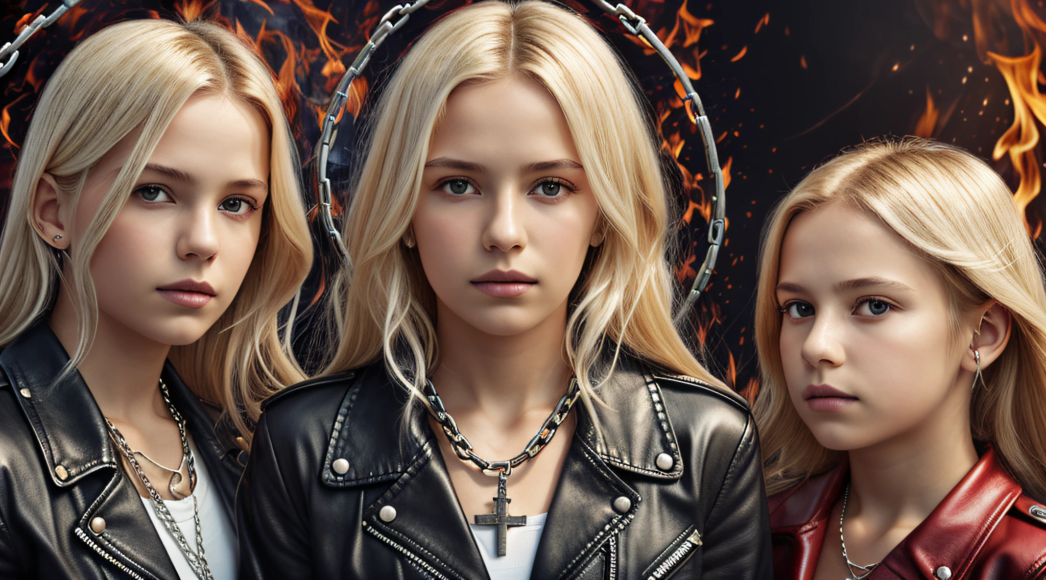 A half body, portrait of 3 girls German children long platinum blonde hair of , red leather jackets, holding in their hands a cross, background of chains, chain, more chains, many chains, , red, red fire, many background flames.