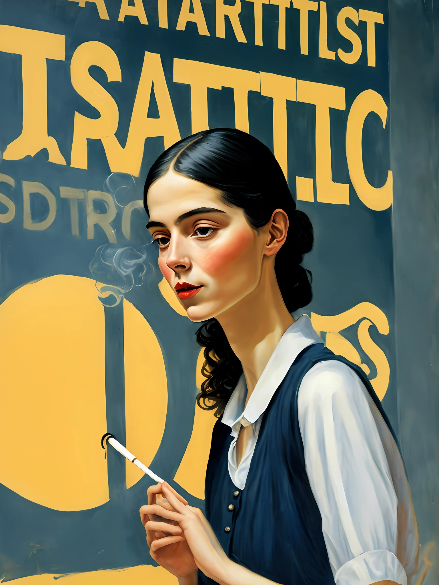 a painting of a woman smoking a cigarette in front of a sign that says "ArtisticAiStudio". Scrittura esatta