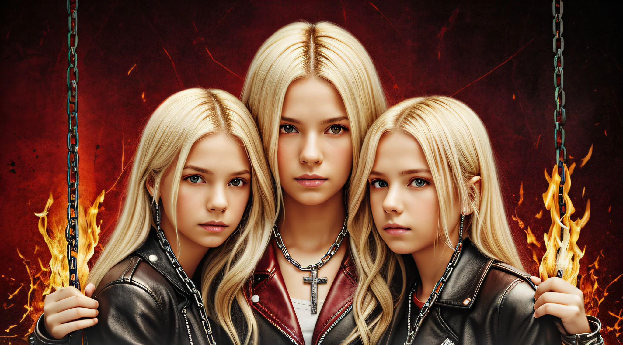 A half body, portrait of 3 girls German children long platinum blonde hair of 12 years, red leather jackets, holding in their hands a cross, background of chains, chain, more chains, many chains, , red, red fire, many background flames.