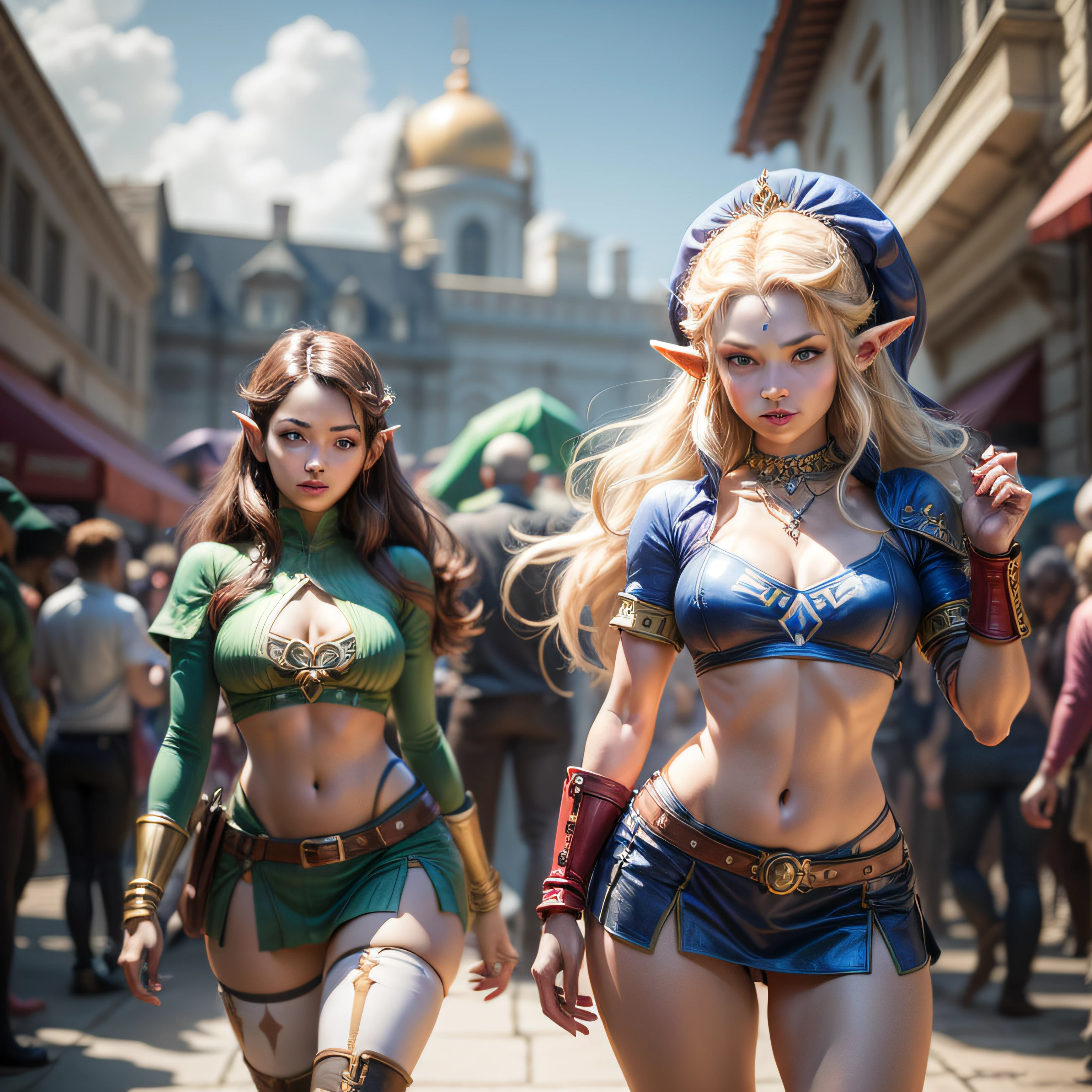 Mulher de cabelos loiros em roupa azul e bege segurando em poses de combate como em street fighter, Zelda, Retrato de Zelda, de legend of Zelda, Link de The Legend of Zelda, link de Zelda, foto Cosplay, Cosplay ornamentado, Cosplay profissional, Cosplay, Cosplay completo, Artgerm Moody Fotografia, Princesa Zelda, Zelda com Triforce, Hyrule, Anime Garota Cosplay, raytracing, ray tracing, ray-traced, 4k, 3d render, extremanente detalhado, alta qualidade, luz e sombra realistas,