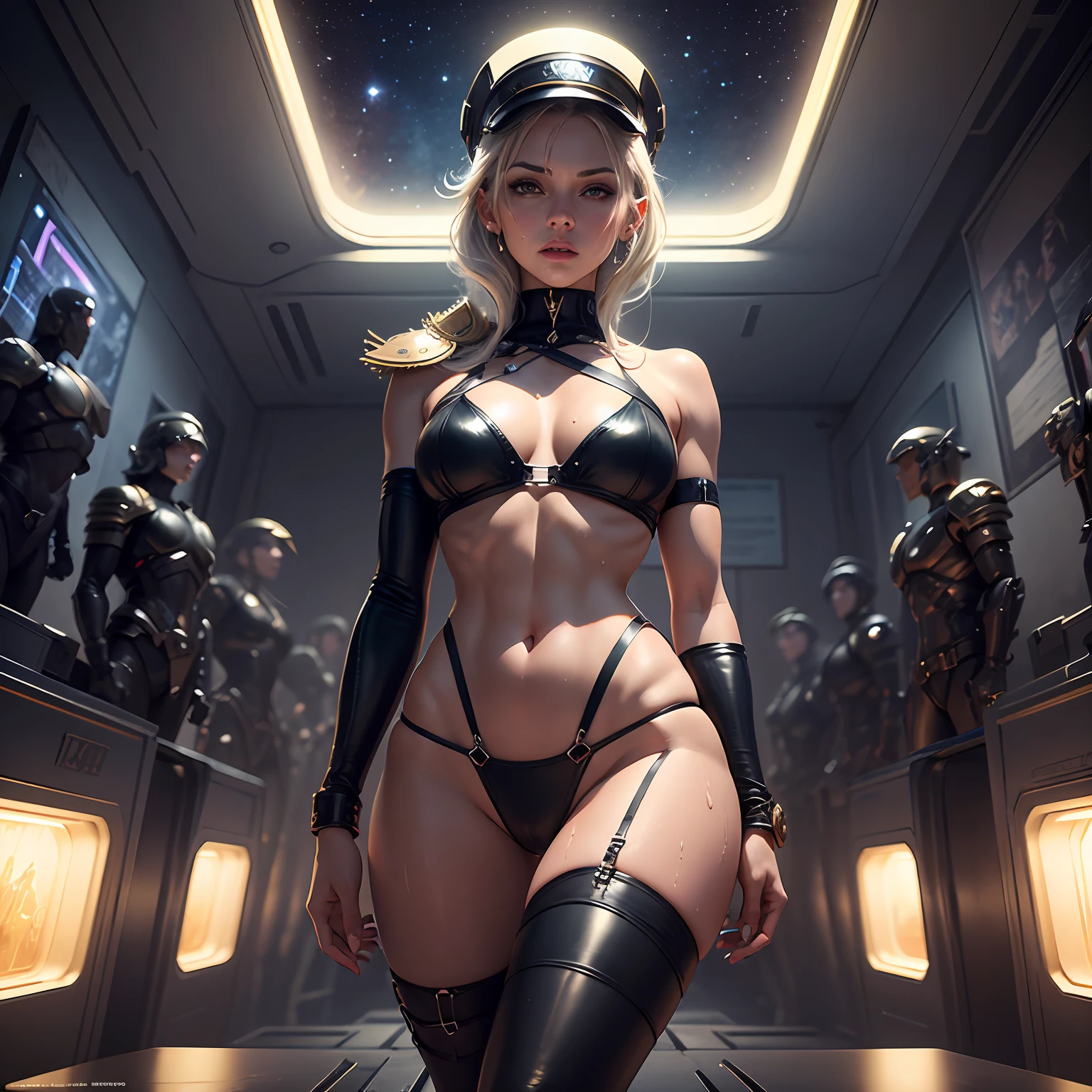 (skinny), (wet), (hot), standing, g-string, panties, (harness), bondage, laurel wreath, jewlery, (bdsm), visor cap, badges, orders, shoulder epaulets, greek hoplite, frazetta, corben, moebius, metal hurlant, aeon flux, 5 people, in spaceship, cinematic lighting, muscle, sweat, sexy, sensual, masterpiece, full female figure, dynamic, group, team, (5 characters), multiple figures, man and woman, night, night time, cosmos, space, inside spaceship, stars outside windows, battle, spaceship, multiple figures posing, (greek architecture details), (baroque architecture),