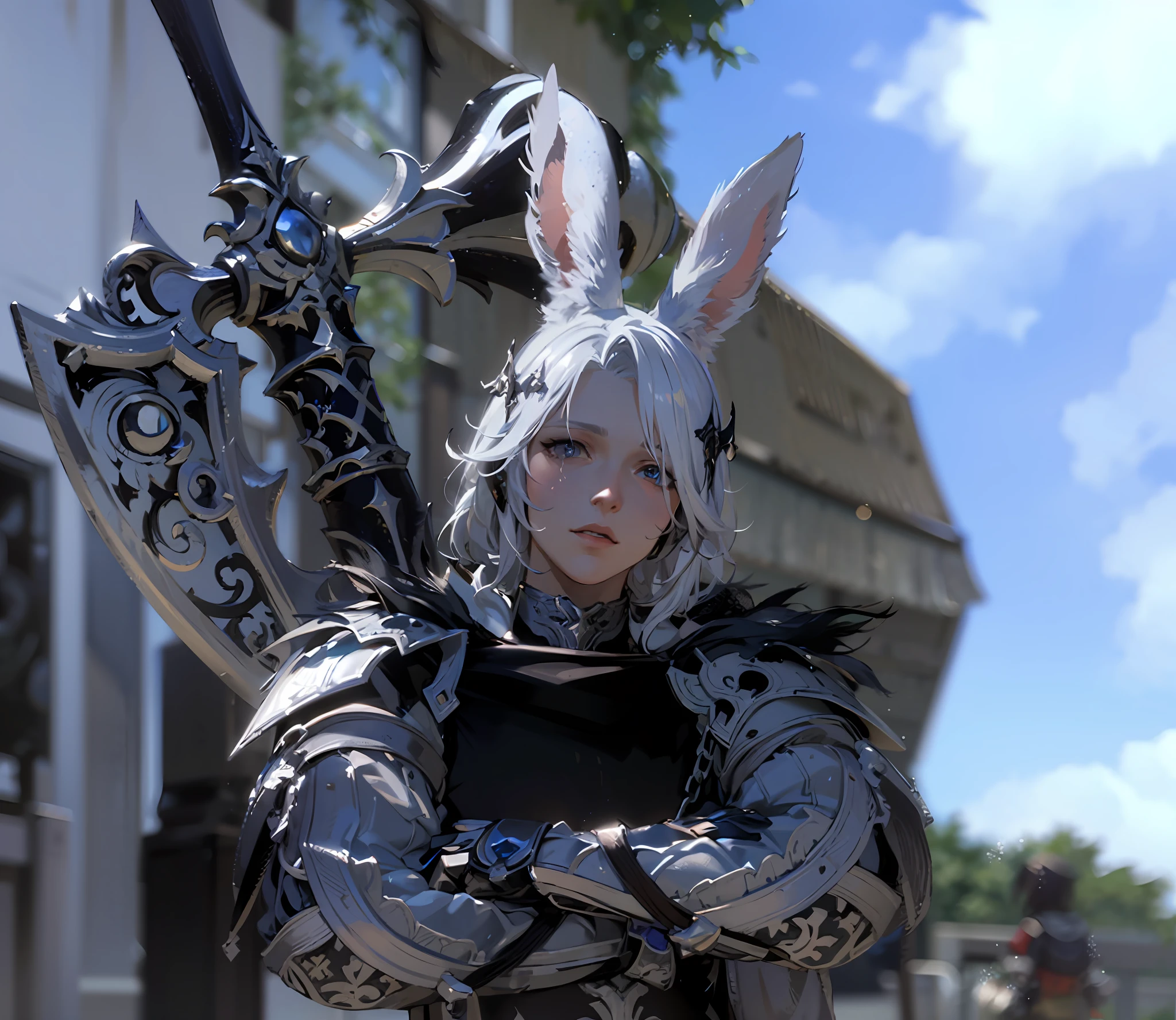 a close up of a screenshot of a male character in a video game, Bunny boy  race, Limsa ,Silver and black armour,  final fantasy 1 4 screenshot, final fantasy 14 sharp, final fantasy 14 style, tranding on pxiv, final fantasy 1 4, ffxiv heavensward, ffxiv, final fantasy xiv, an epic majestical degen trader, a massive celestial giant god, trending on pxiv, cover ears with hair