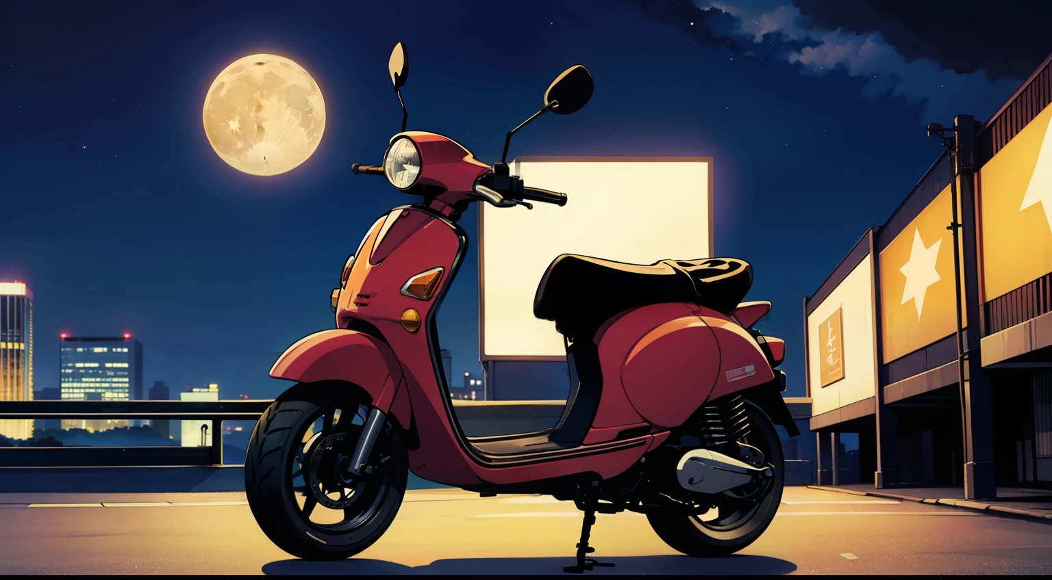 a landscape anime, nigth, stars, moon, beautifull, citypop, jpop, anime 90s style, a scooter motorcycle