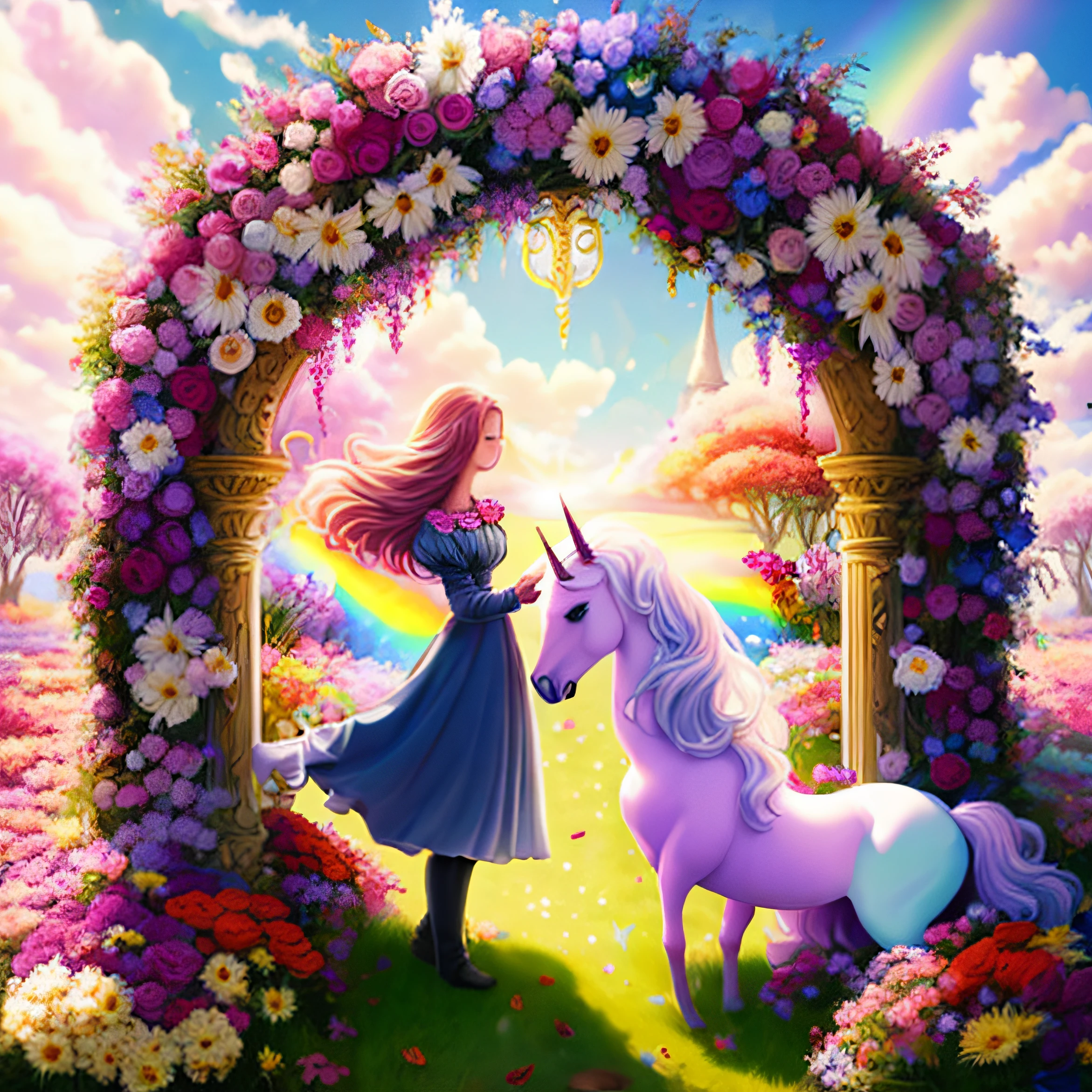 foto (estilo FlowerGateway:1)Imagine a magical garden where flowers glow in the dark and butterflies have rainbow wings, obra-prima, melhor qualidade, alta qualidade, Scene of Princess Valentina meeting the Rainbow Unicorn for the first time. A imagem pode mostrar Valentina em um jardim encantado, with the wounded unicorn by his side. They are surrounded by colorful flowers and a magical atmosphere.