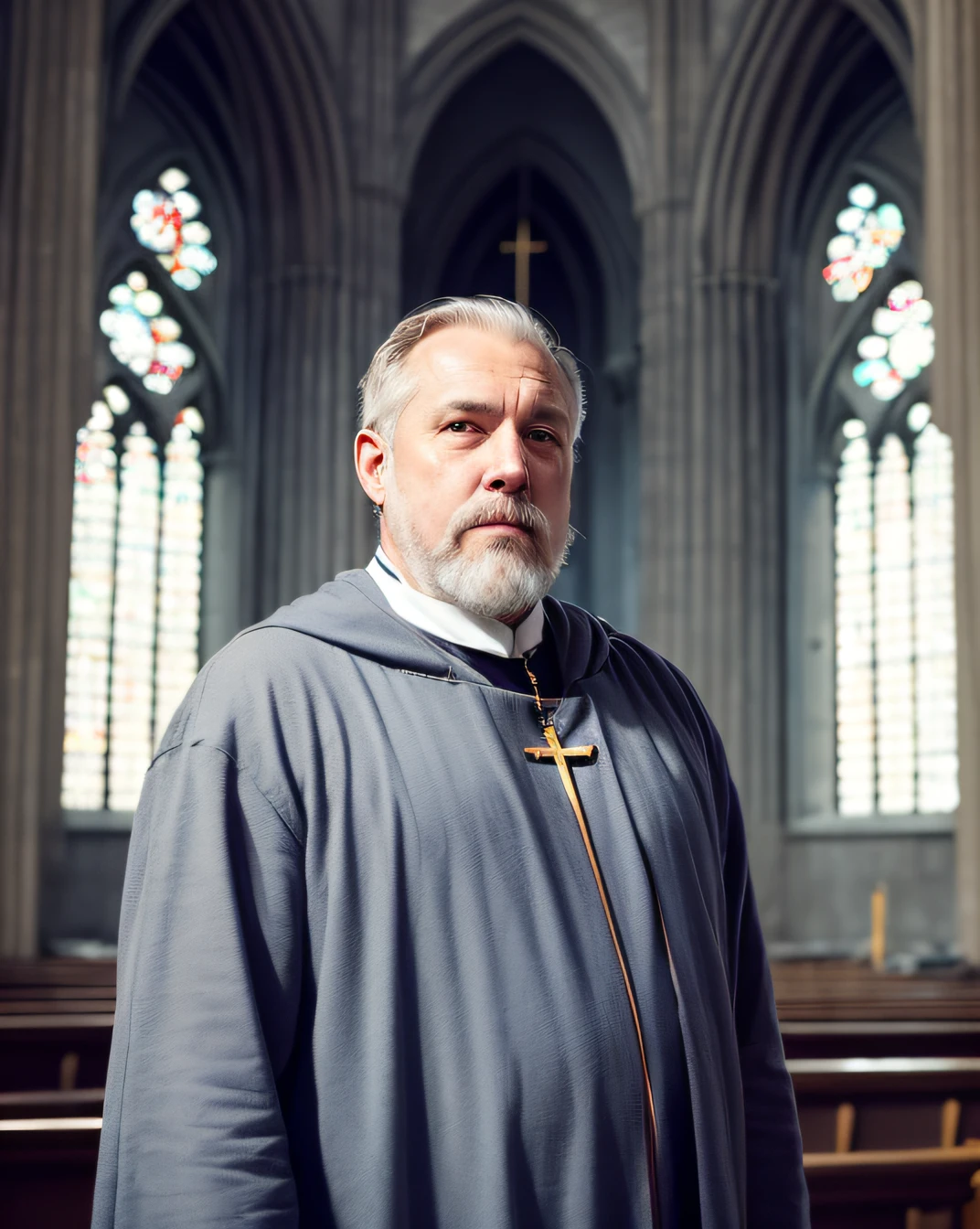 old priest in an empty gothic cathedral, big grey beard, blue eyes, aged skin, ((whole body,)), light coming from windows, diryt monk robes, torn clothes, very serious expression, medieval clothes, portrait