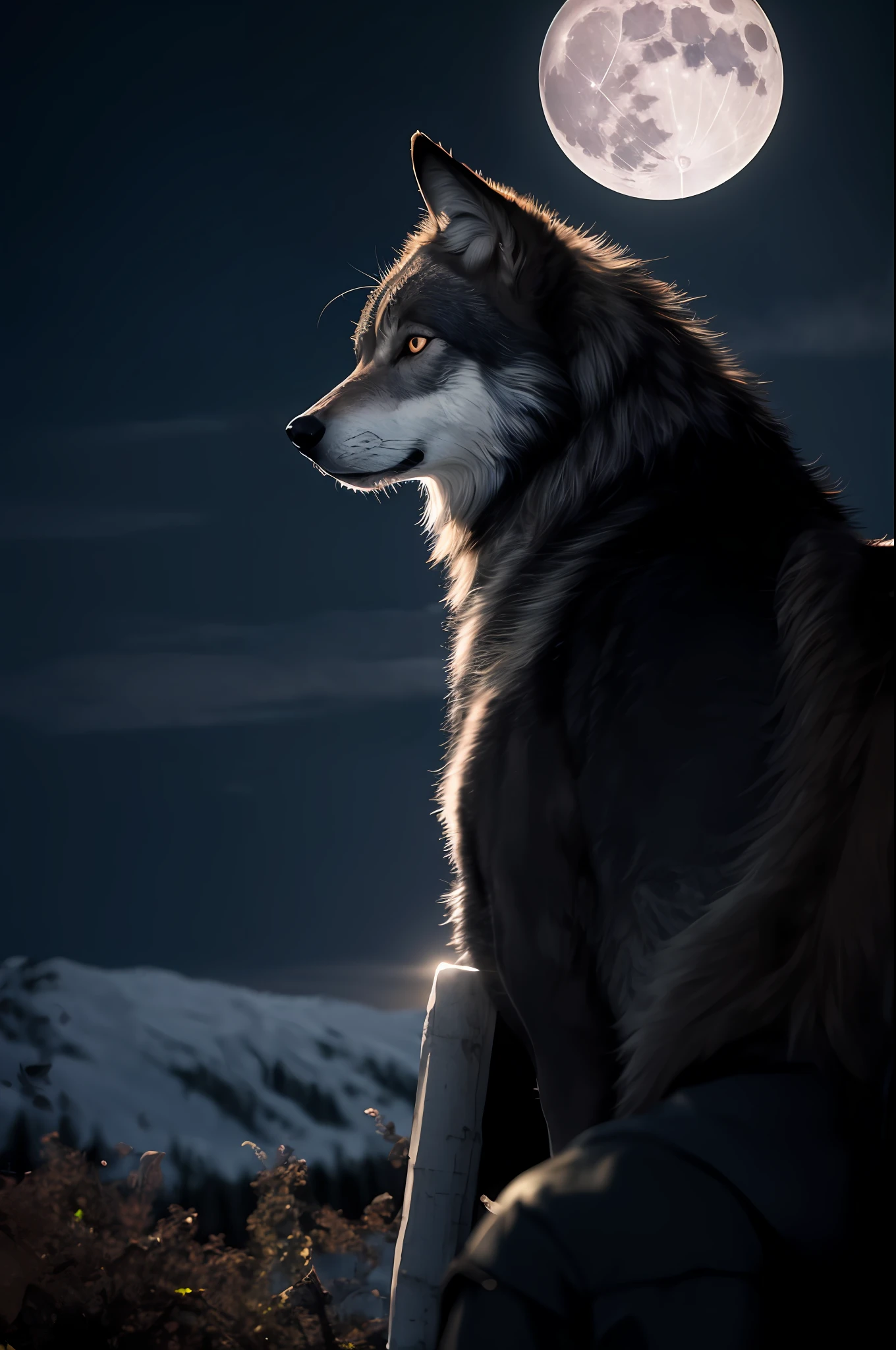 (Masterpiece detailed high image quality) "Black color with blue eyes" wolf dangerous forest, midnight, full moon. 1 solo lobe. ( Front angle of image)