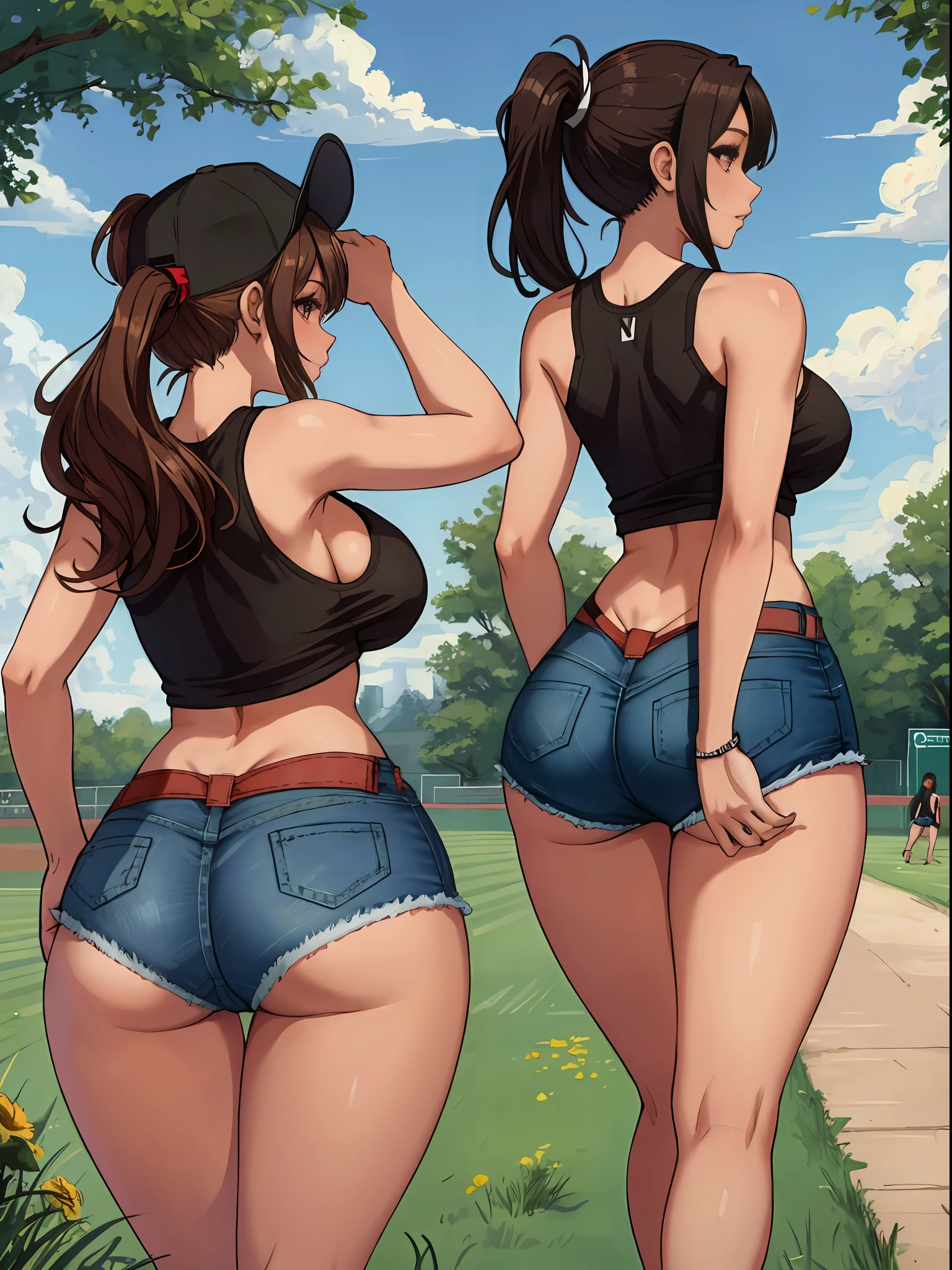 beautiful, (masterpiece:1.2), (best quality:1.2), perfect eyes, perfect face, perfect lighting, 1girl, ass, back, backboob, baseball cap, black panties, breasts, brown hair, crop top, cutoffs, denim, denim shorts, facing away, from behind, hat, highleg, highleg panties, long hair, median furrow, large breasts, micro shorts, panties, ponytail, short shorts, shorts, sideboob, simple background, solo, tank top, thighs, thong, underboob, underwear, field, grass, walkway, huge ass, wide hips, arms at side