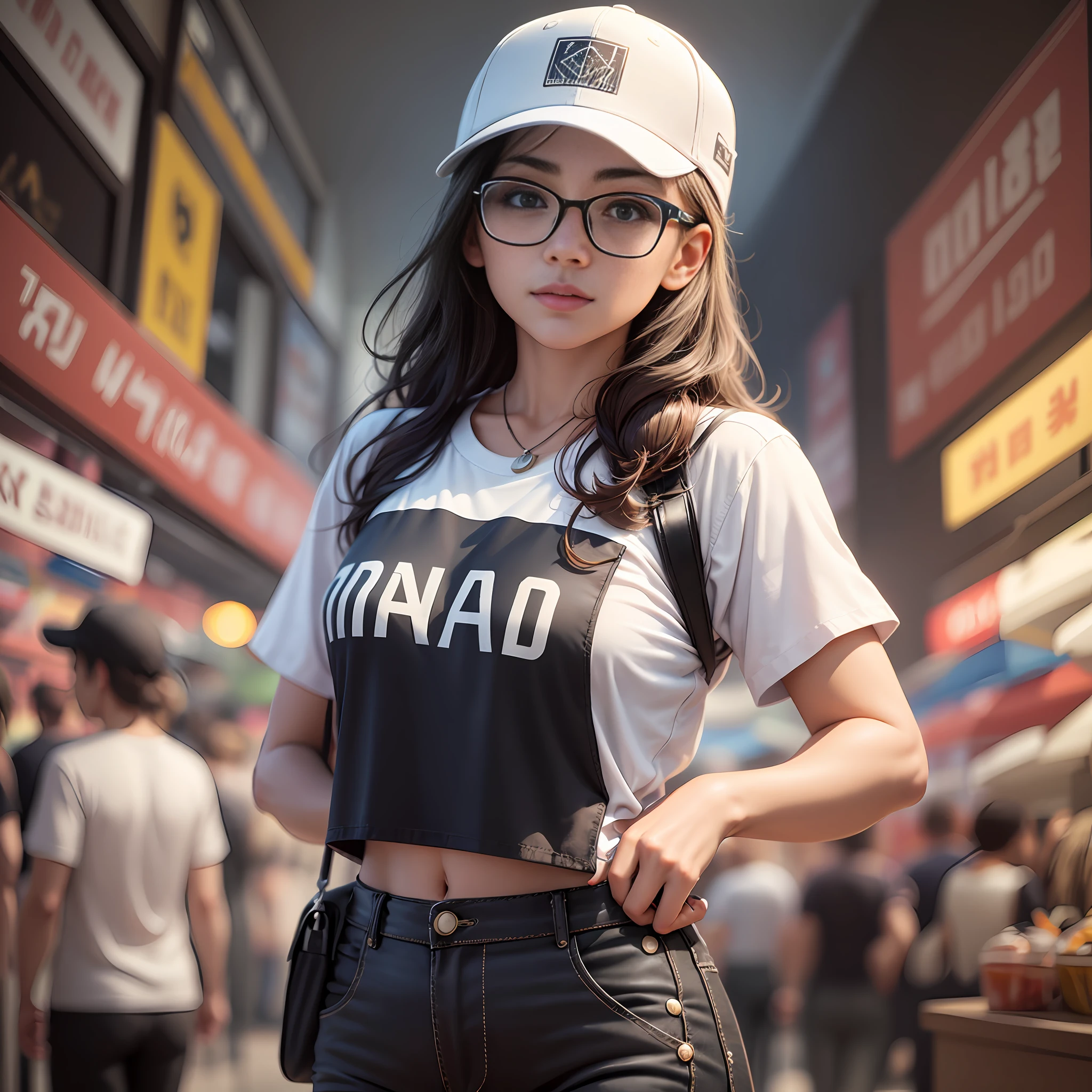 The Masterpiece,White baseball cap,White short sleeves,black pant,White tourist shoes,detailed face,Stubble,high-definition,The Masterpiece,Black glasses,Stand at the night market,8K,high qulity,,(SOM:1.1),(Zaha:1.2),Interior architectural lights pass through the shadows,looking at the spectator,closeup face --auto