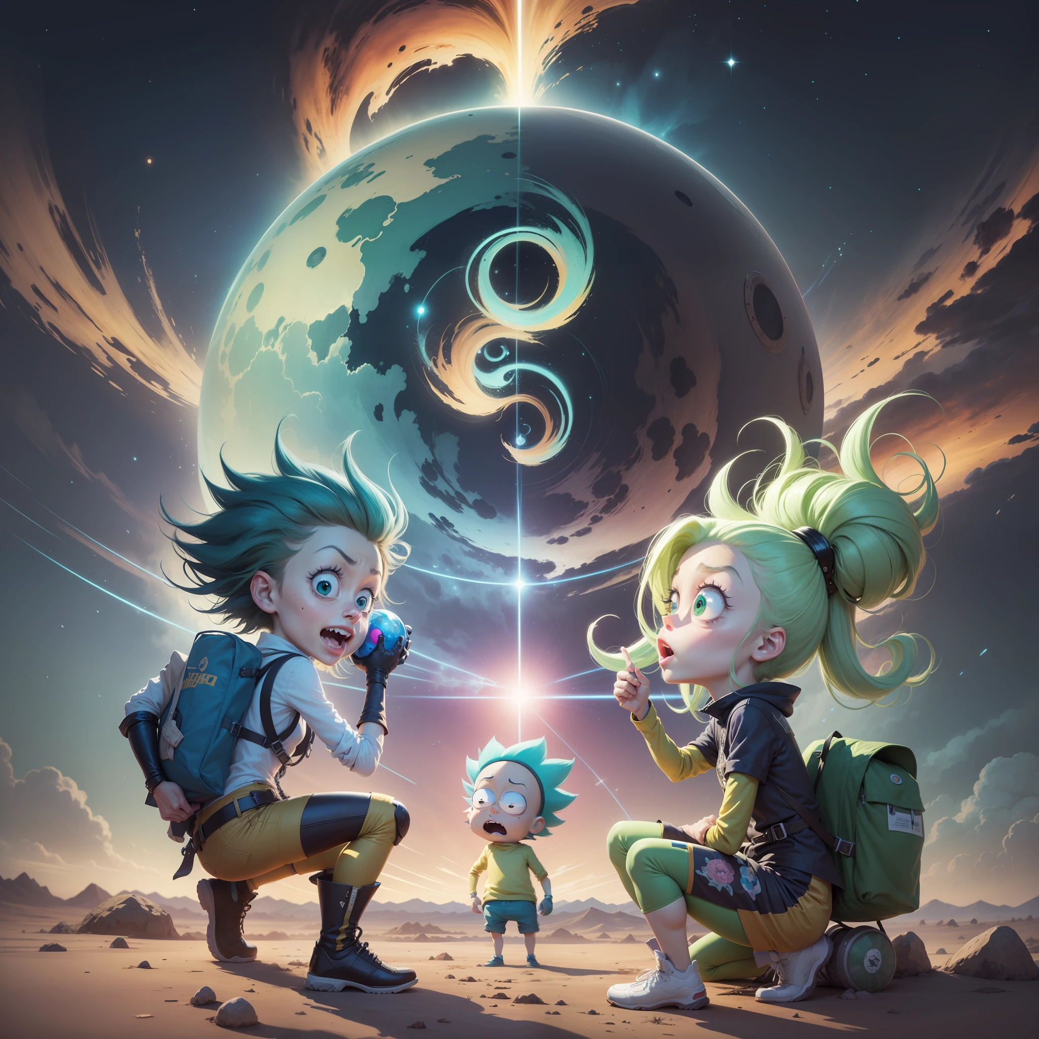"Rick e Morty, American animated characters. capture the original characteristics of the characters, incluindo o jaleco branco e sobrancelha levantada de Rick, e o cabelo desgrenhado e olhos grandes de Morty. The painting is vibrant and colorful, com tons brilhantes de azul, verde e amarelo, e elementos como portais interdimensionais, Strange creatures and futuristic technology. The image evokes the adventurous and irreverent spirit of the animated series, prometendo ser impactante e detalhada."