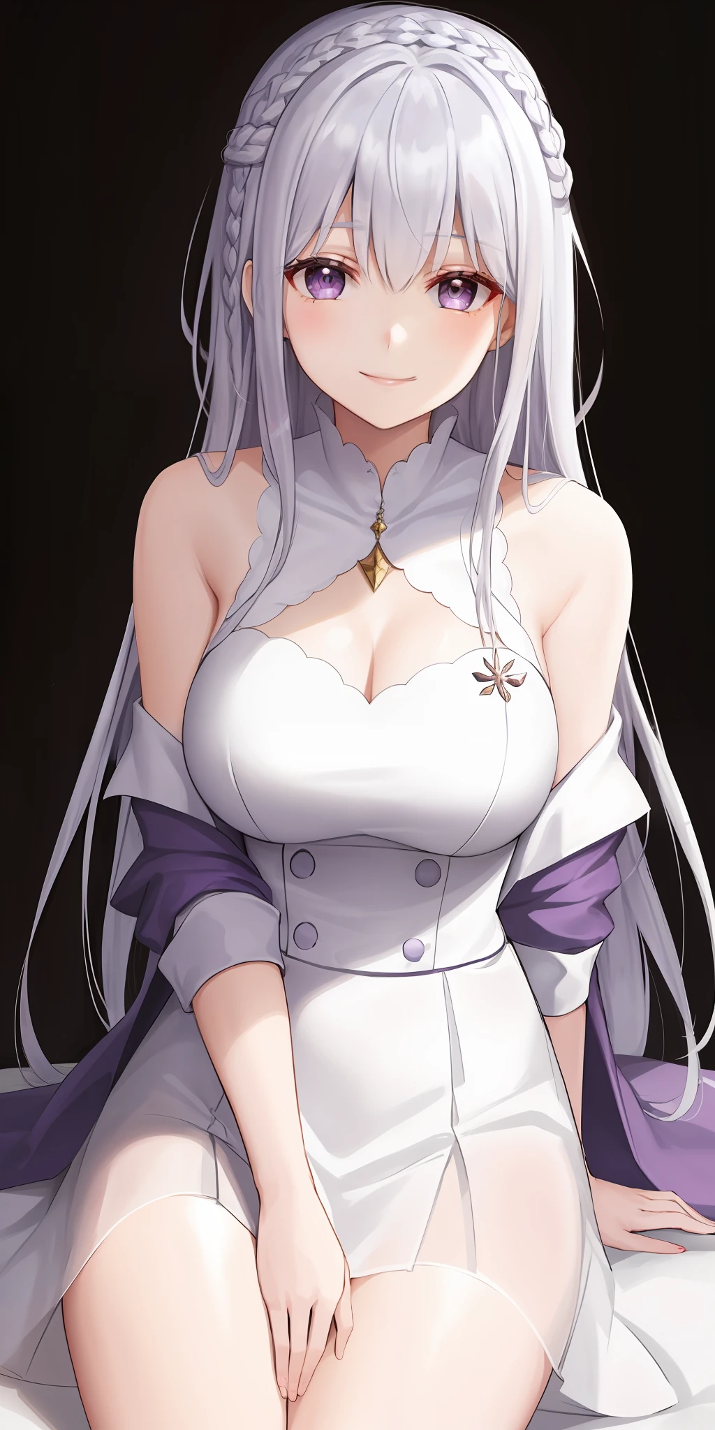 best possible quality，highly detaild，ultra - detailed，1girl with big breasts，exquisite eyes，Silvery hair，purple  eyes，Long hair，，crown braid，Sweet smile，Straight hair，