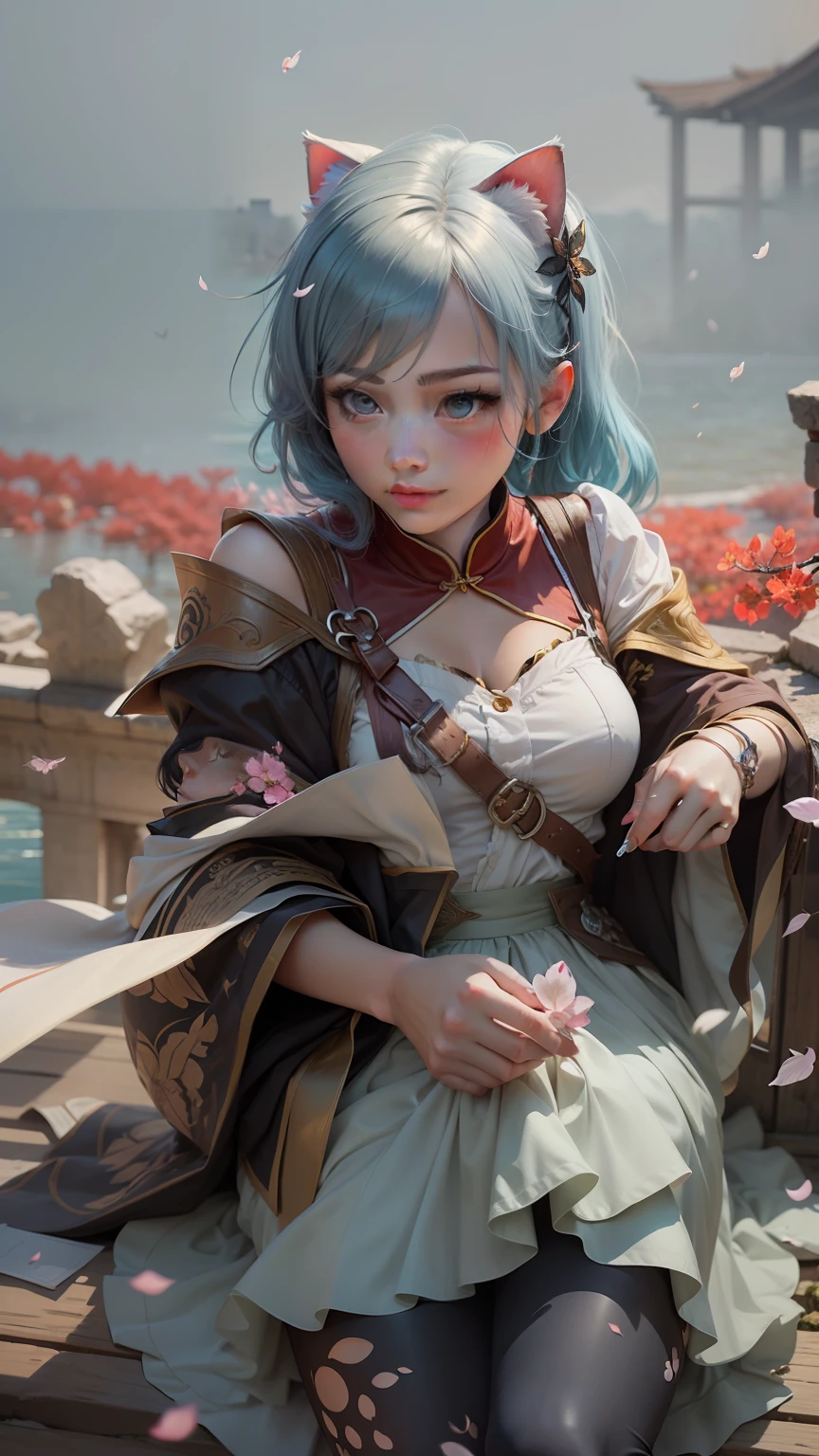Anime girl with blue hair and cat ears lying on the floor, anime style 4k, anime art wallpaper 8 k, anime wallpaper 4k, anime wallpaper 4k, anime art wallpaper 4k, anime art wallpaper 4k, anime wallpaper 4k, manga wallpaper 4k,  Guweiz-style art, anime-style. 8k illustration style, aerial view, dynamic angle, ultra-detailed and close-up photo of a girl with blue eyes, brown hair and cat ears wearing a pink Miko outfit (1.4) and white socks. She has bangs, an aura above or behind her head, and is looking at the viewer with a faint smile as she shows off her bare shoulders. The girl's hands are hidden behind her back while standing. She wears a cherry blossom hair accessory ([[0.55]::0.85]) and is surrounded by falling cherry blossoms, running water, a beautiful cherry blossom tree, and flying translucent blue butterflies (1.15). The scene takes place near a sanctuary gate with ultra-detailed ruins in the background, an abysmal sea, and a dull blue world tree (1.14). The delicate fingers and hands of the girl are emphasized with yubao (0.5). --auto