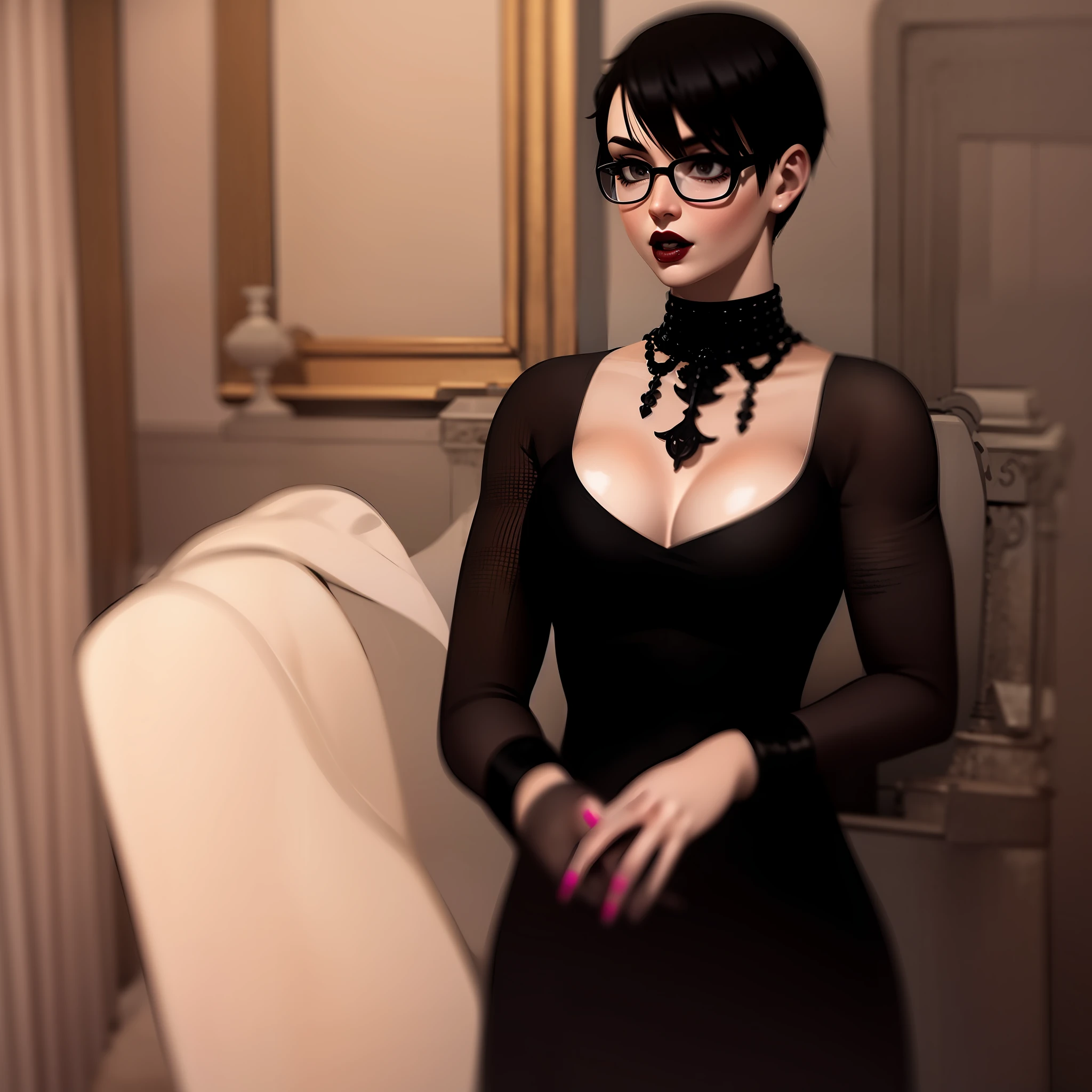 short, long robe, blaclcloths, tomboy, black hair, makeup, goth, glass,