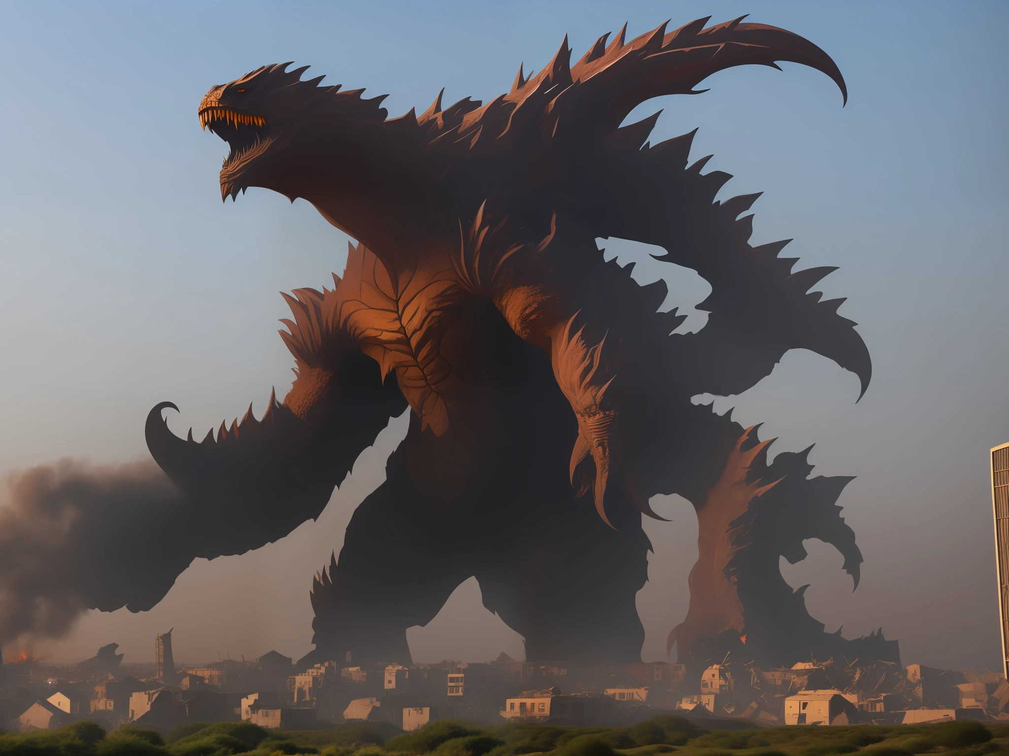 A huge cosmic monster creature 100 meters tall,Destruction of large buildings in large cities